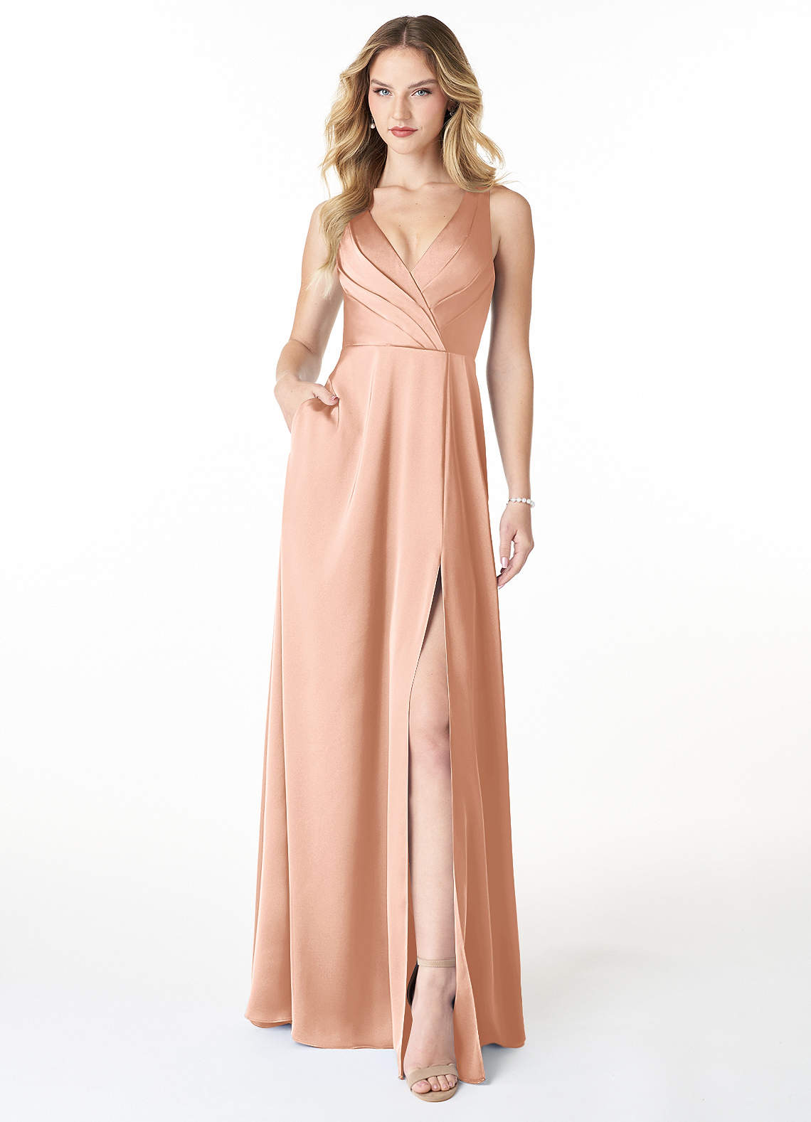 Azazie Nelly Bridesmaid Dresses Rose Gold A-Line V-Neck Pleated Stretch Satin Dress image1