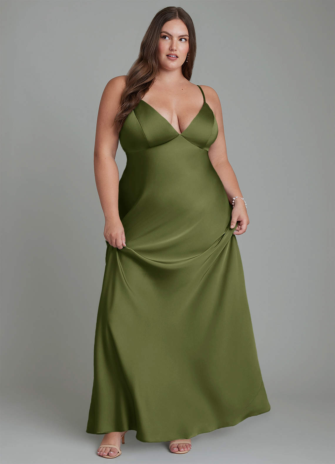 Azazie Stefania Bridesmaid Dresses Olive A-Line Stretch Satin Dress image10