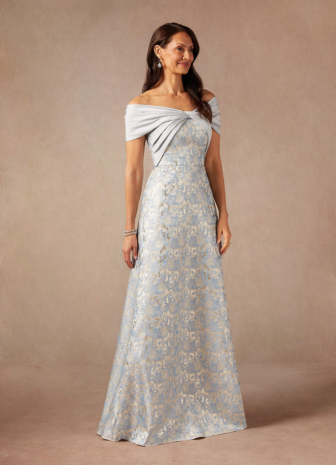 Azazie Amelia Mother of the Bride Dresses Dusty Blue A-Line Off the Shoulder Jacquard Dress image3