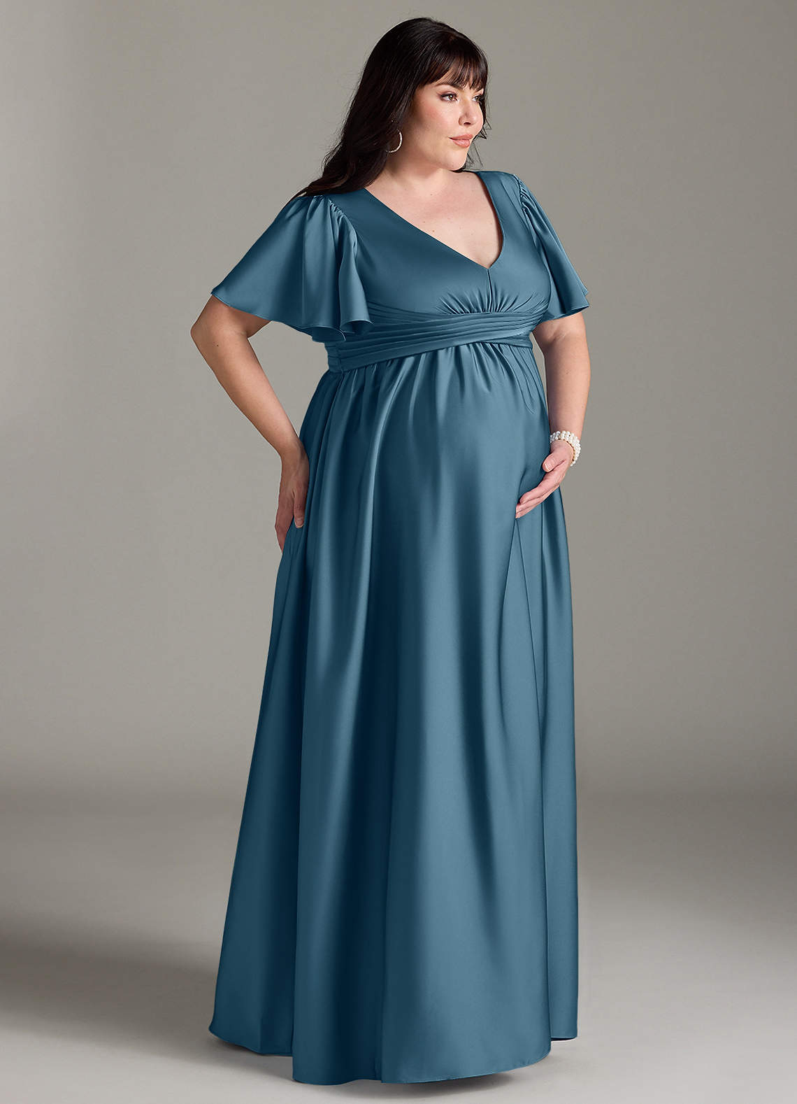 Azazie Verna At-home Try On Dresses A-Line Ruched Stretch Satin Floor-Length Dress image11