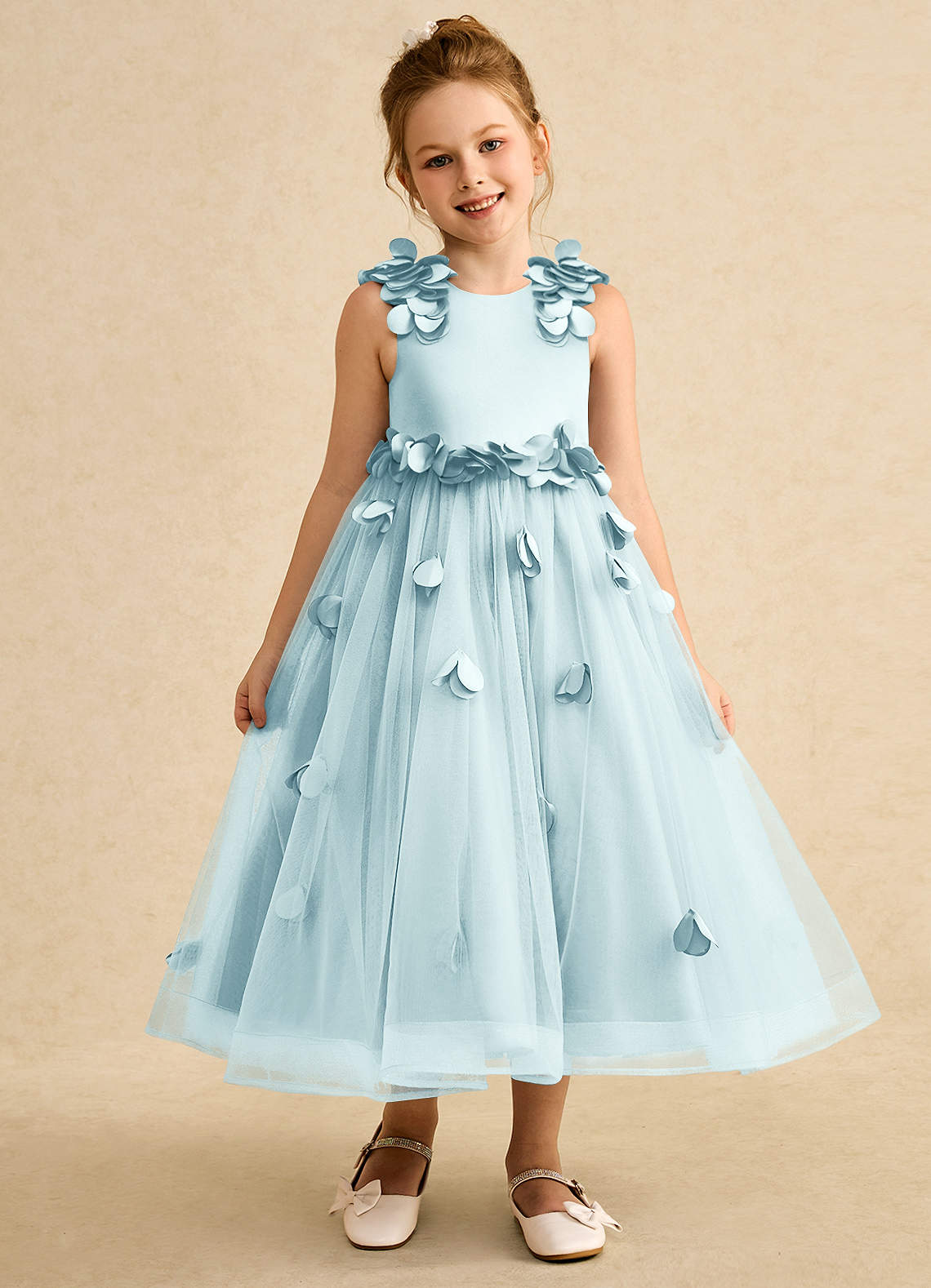 Azazie Atta vestidos de niña de las flores Vestido de Vidrio Marino de Tul de Corte En A con Hombro unilateral image1
