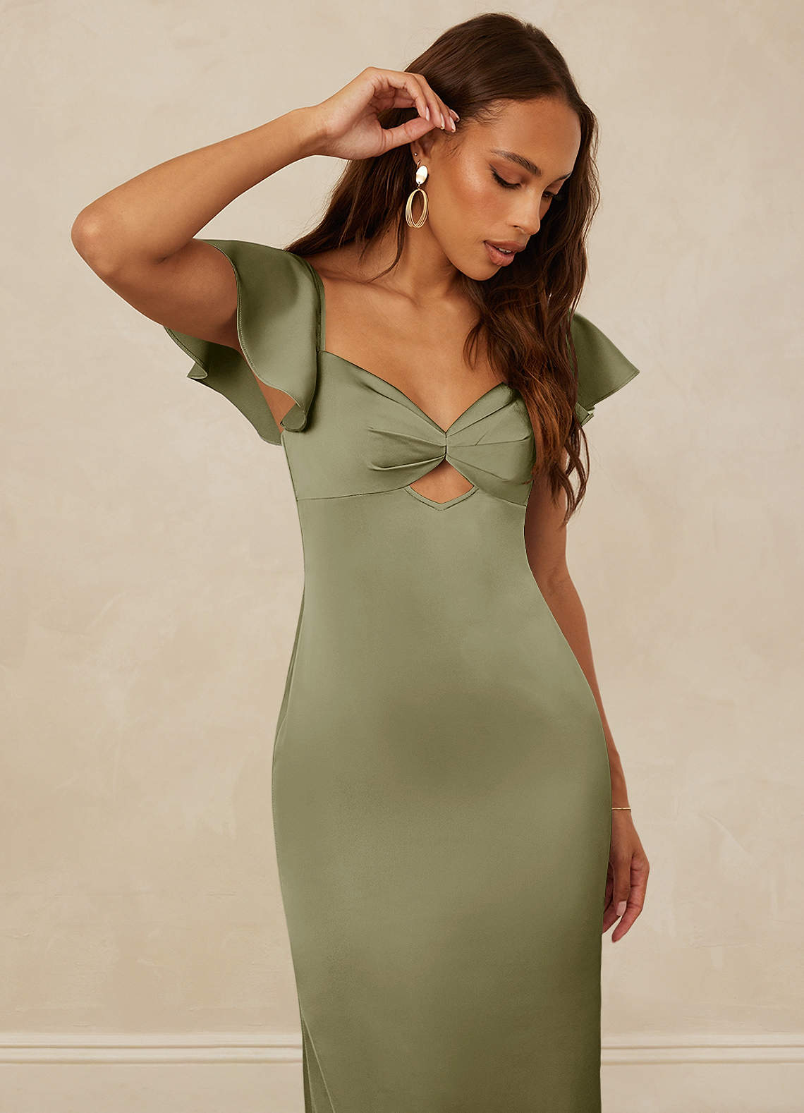 Christian Siriano Bridal for Azazie 1005 Bridesmaid Dresses Flutter Sleeve Stretch Satin Sheath Dress image5