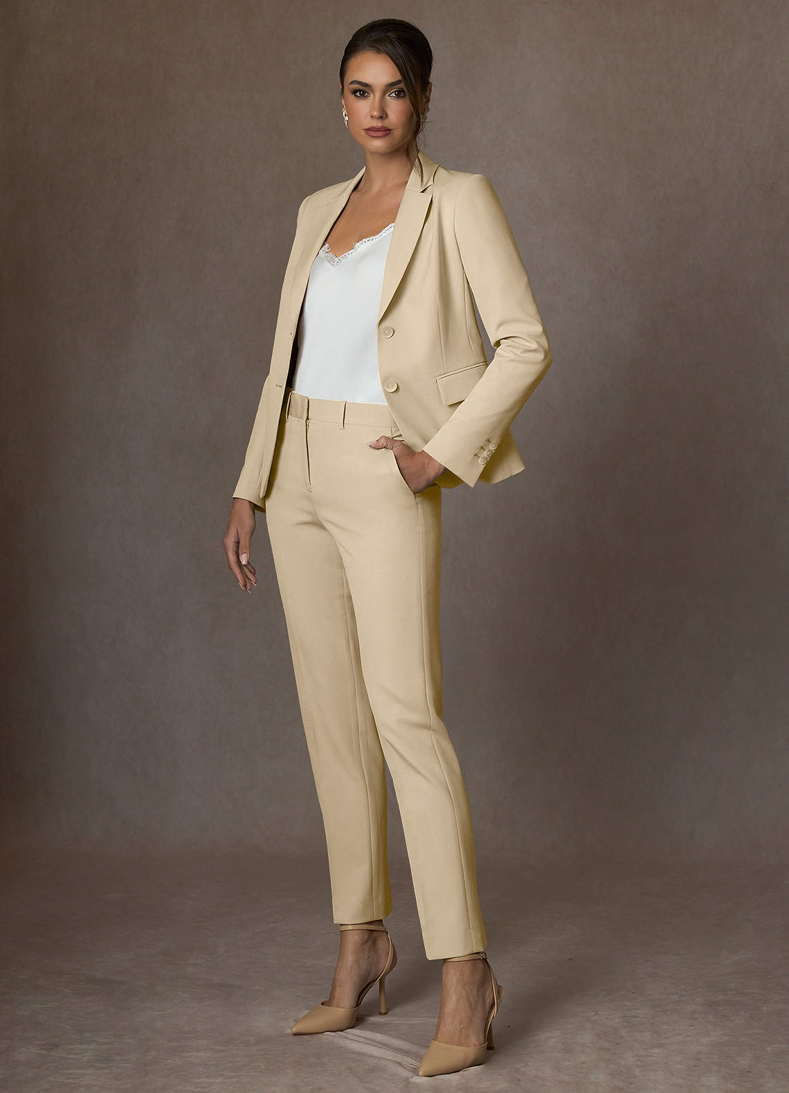 front Whitney Champagne Structured Stretch Full Length Pants Suit