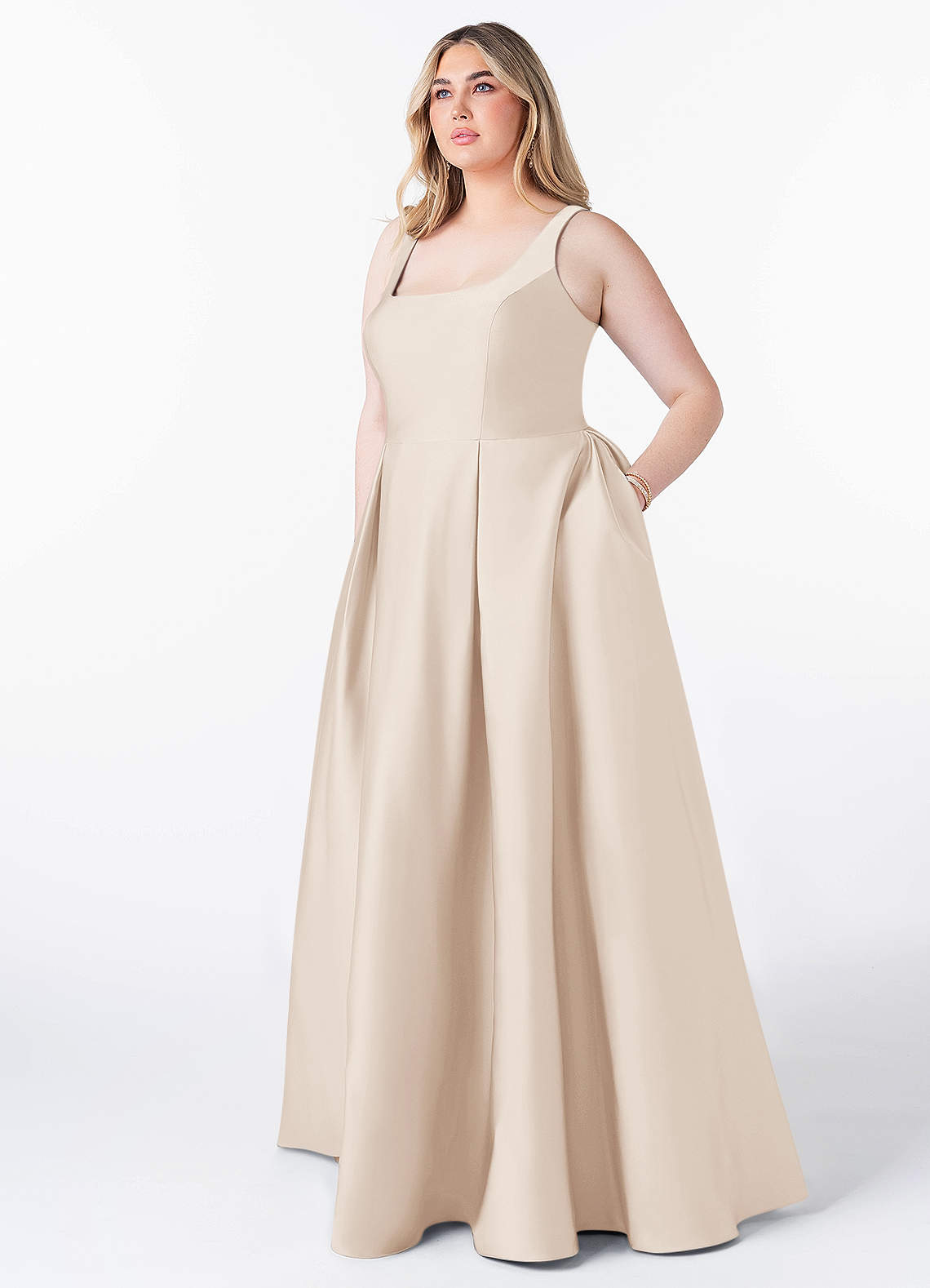 Azazie Neve Abiti da Damigella Abito Principessa in Raso Elasticizzato Con Tasche Alabastro Bianco image1