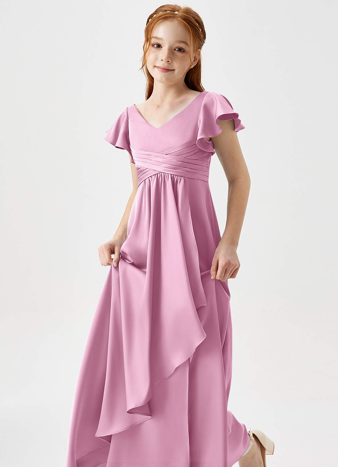 pink taffeta bridesmaid dress Azazie Omari Junior Adelaide Kane 8 Inch SS26Slinky Style her with classic COLOR:HTMA