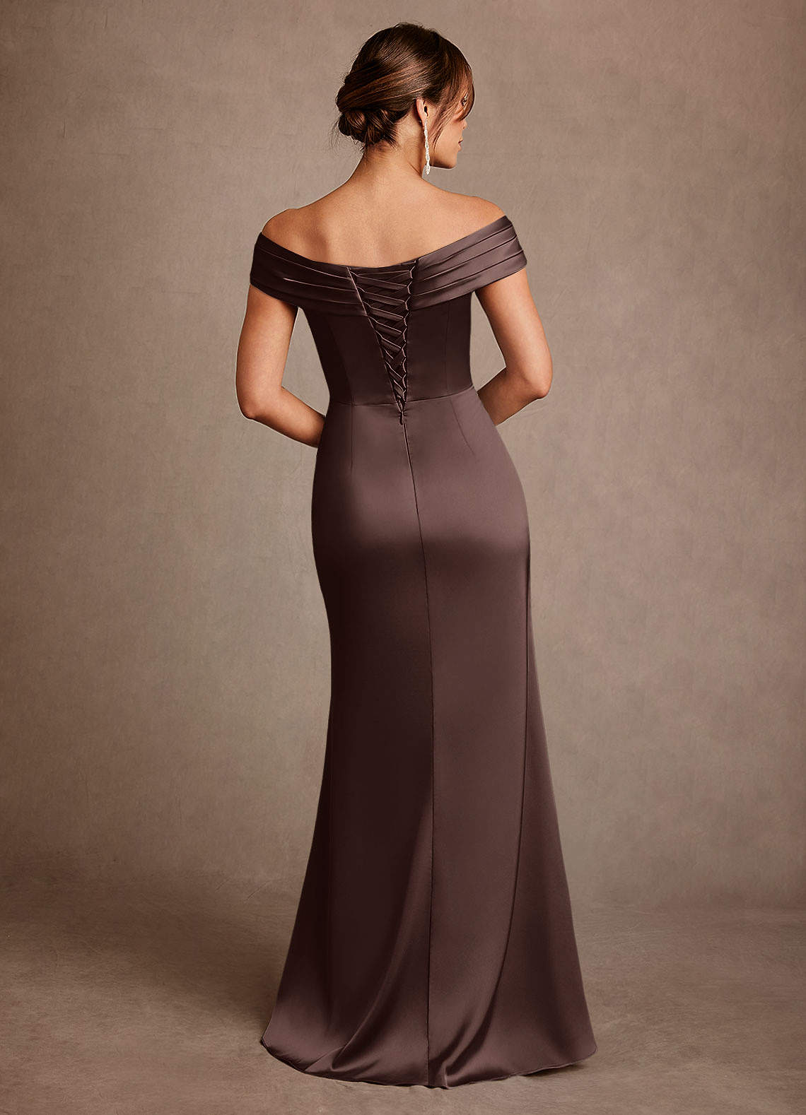 Azazie Bedford At-home Try On Dresses Ganache Sheath Pleated Stretch Satin Dress image2