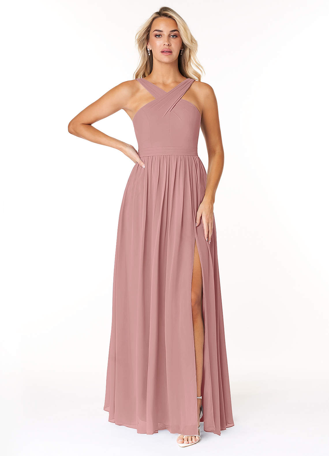 Azazie Elvira Bridesmaid Dresses Dusty Rose A-Line Pleated Chiffon Dress image1