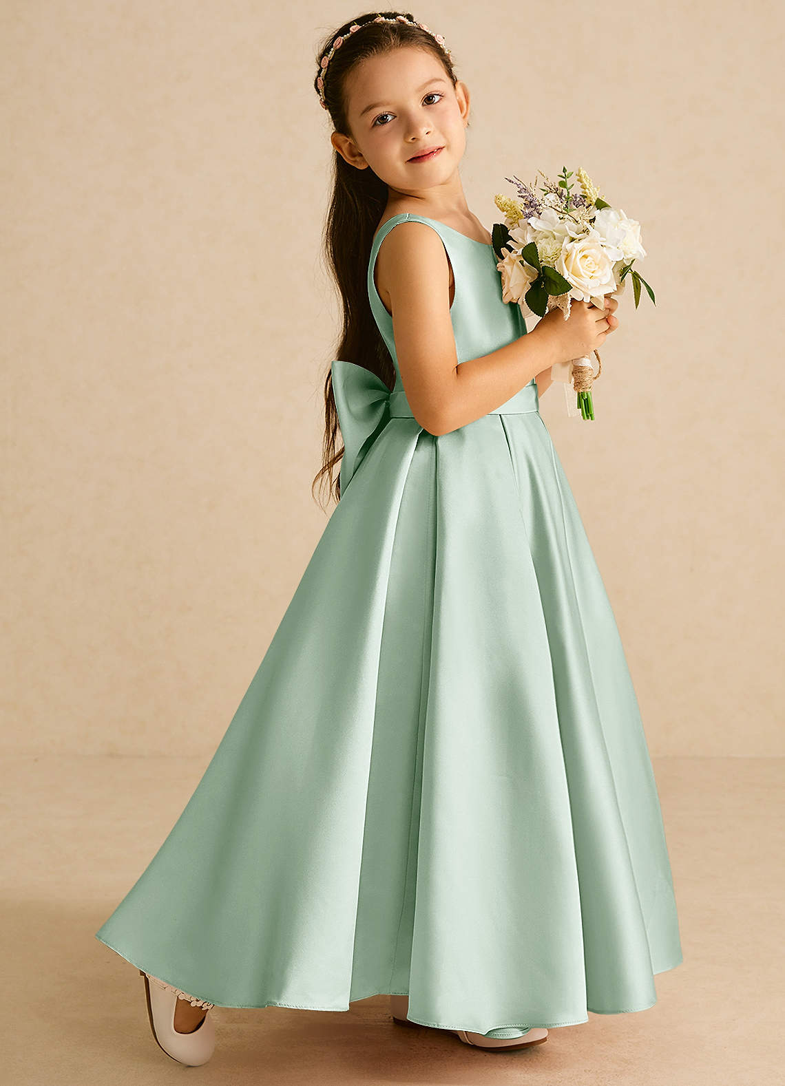 Azazie Pipsy Flower Girl Dresses Agave A-Line Bow Matte Satin Dress image2