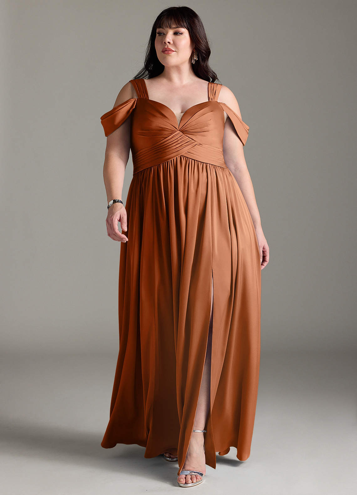Azazie A-Line Off The Shoulder Floor-Length Stretch Satin Bridesmaid Dresses - Copper