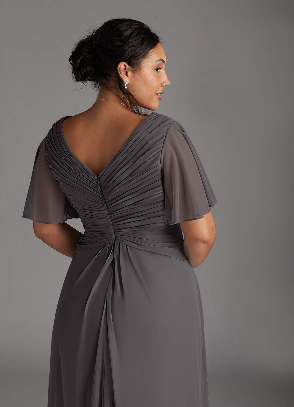 Azazie Emmeline Mother of the Bride Dresses Steel Grey A-Line V-Neck Pleated Mesh Dress image10