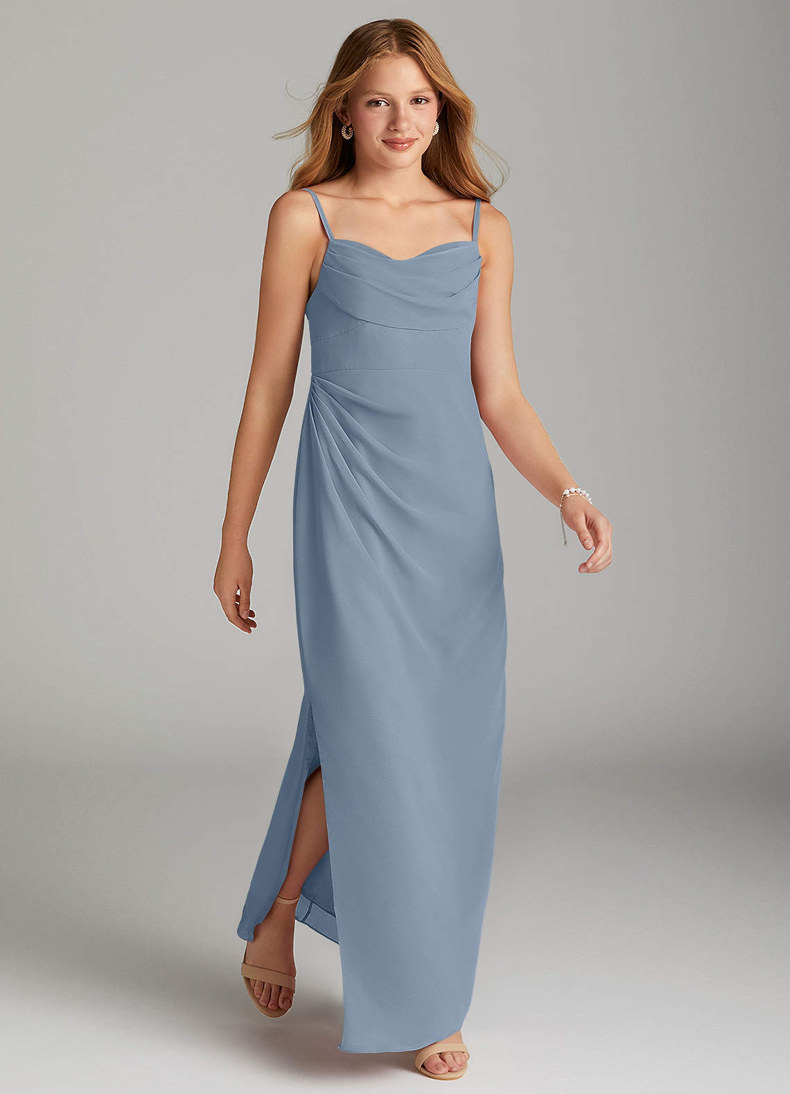 Azazie Mai Junior Dusty Blue Sheath Pleated Chiffon Dress image3