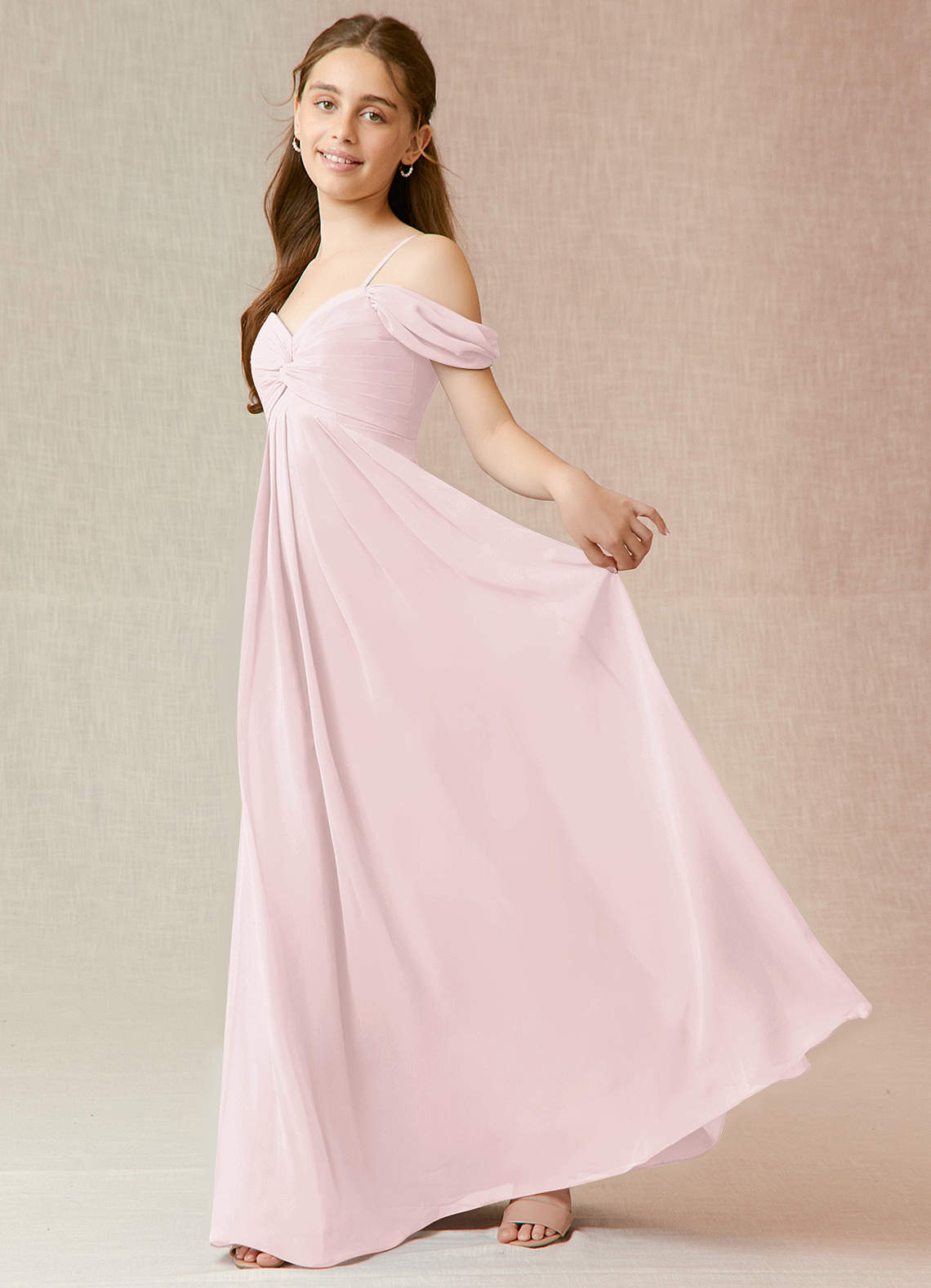 Azazie Kaitlynn Junior Blushing Pink A-Line Off the Shoulder Chiffon Dress image2