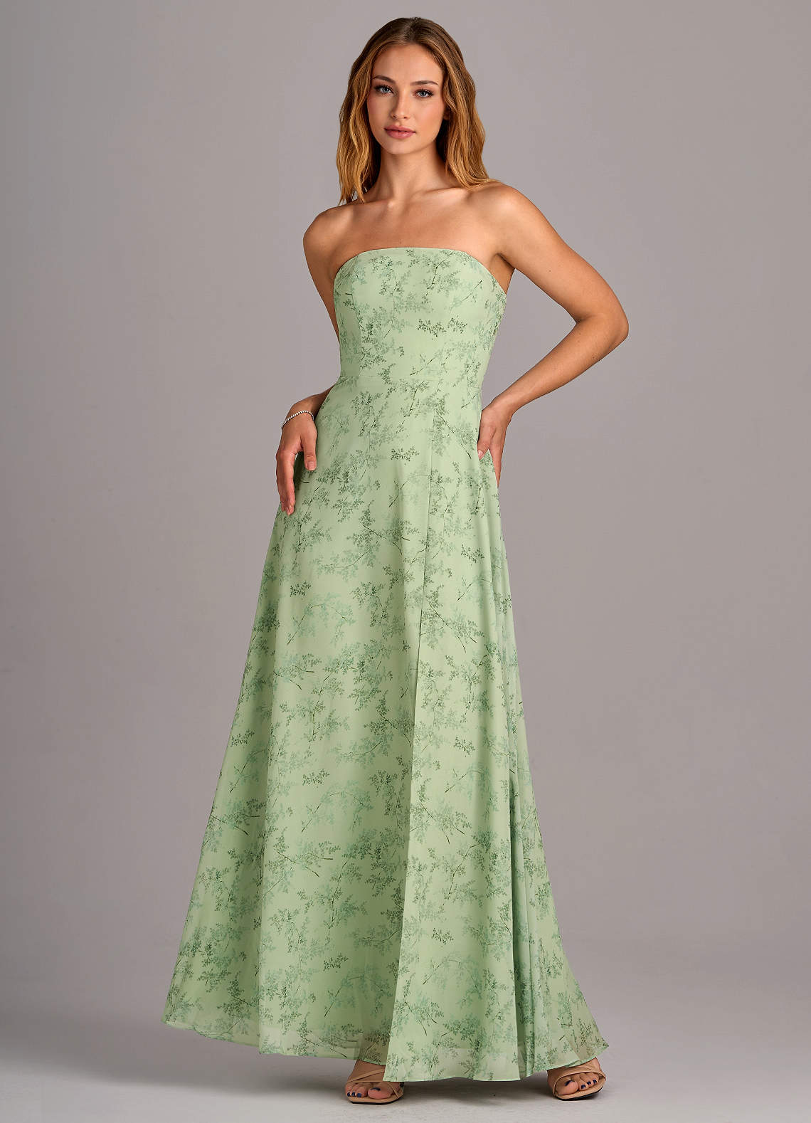 Azazie Wren Bridesmaid Dresses Green Fern Floral A-Line Side Slit Chiffon Convertible Dress image1
