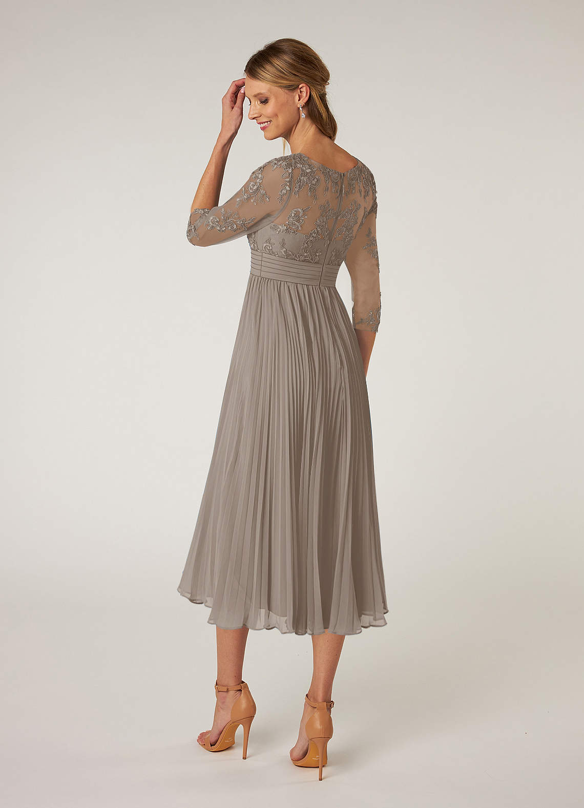 Azazie Tutu Mother of the Bride Dresses Taupe A-Line Boatneck Lace Chiffon Dress image3