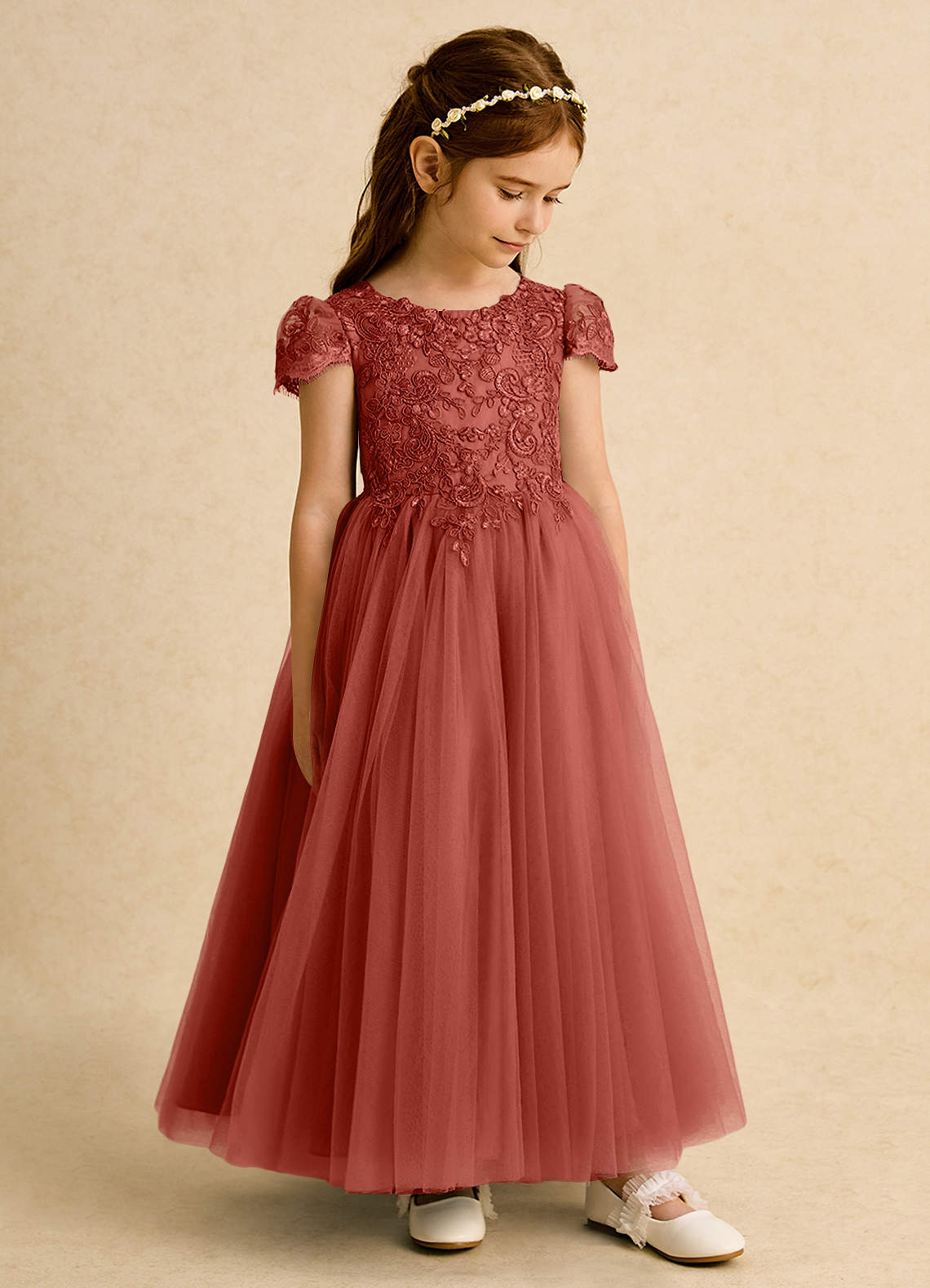 Azazie Puff Robe Demoiselle D'honneur Fillette Robe Princesse en Tulle Dentelle Terracotta image3