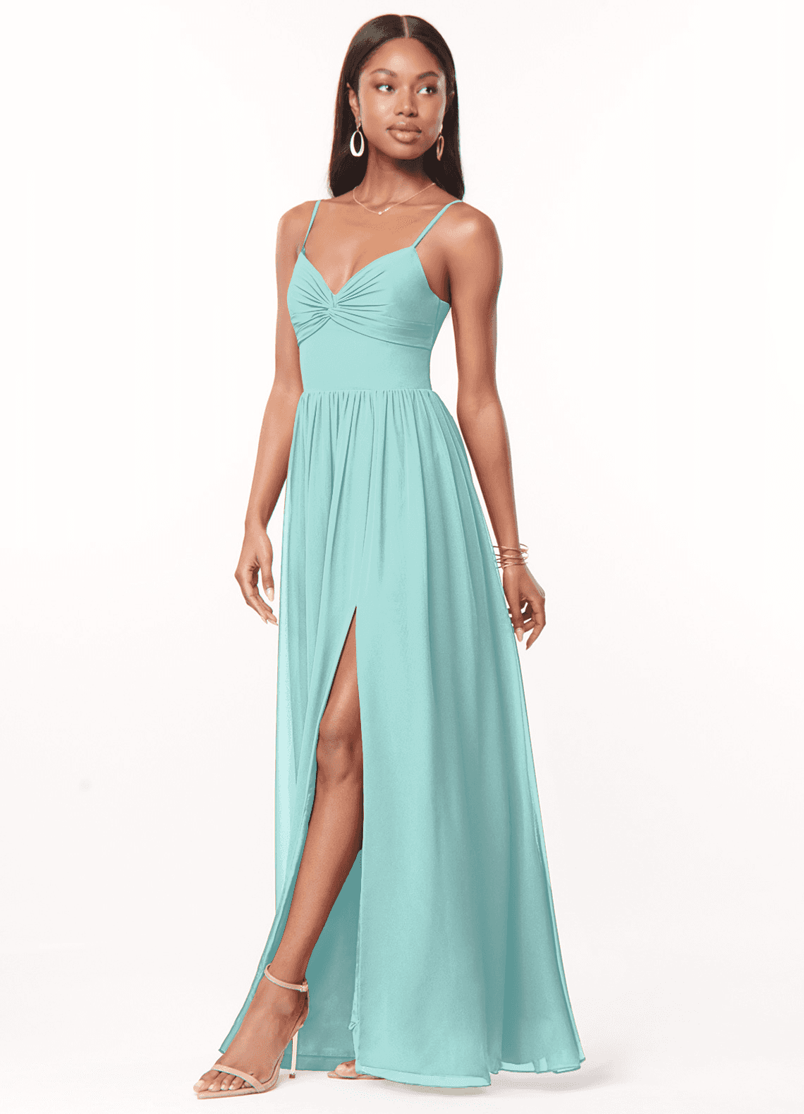 Azazie Zeya Bridesmaid Dresses Aqua A-Line V-Neck Pleated Chiffon Dress image3