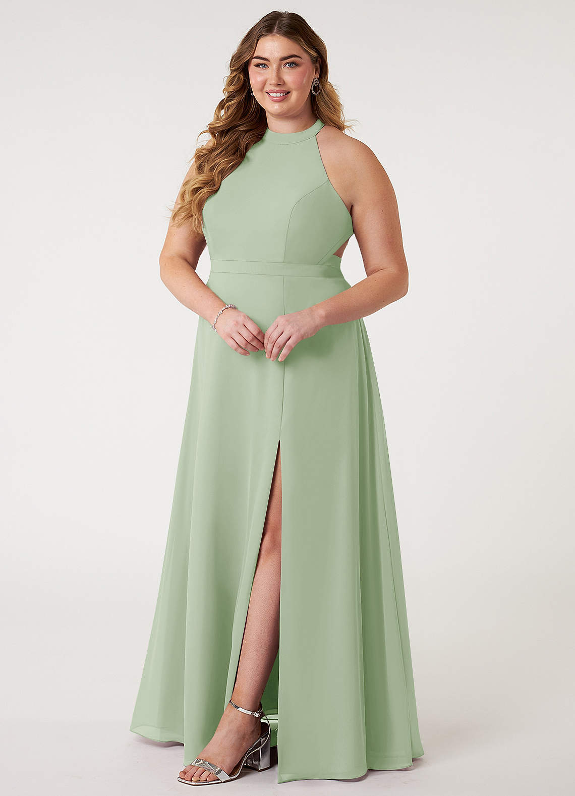 Azazie Clarice Abiti da Damigella Abito A-Line in Chiffon con Scollo Halter Verde Salvia image10