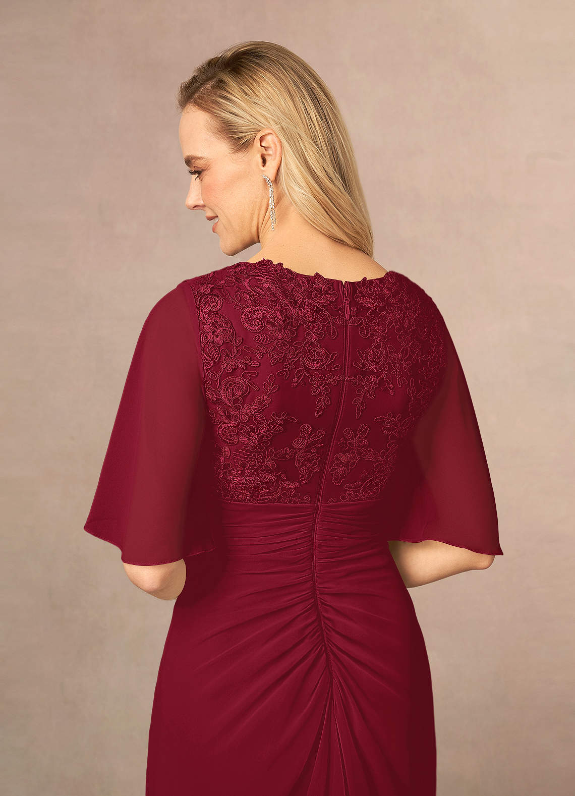 Azazie Carson Mother of the Bride Dresses Burgundy A-Line V-Neck Lace Chiffon Dress image4