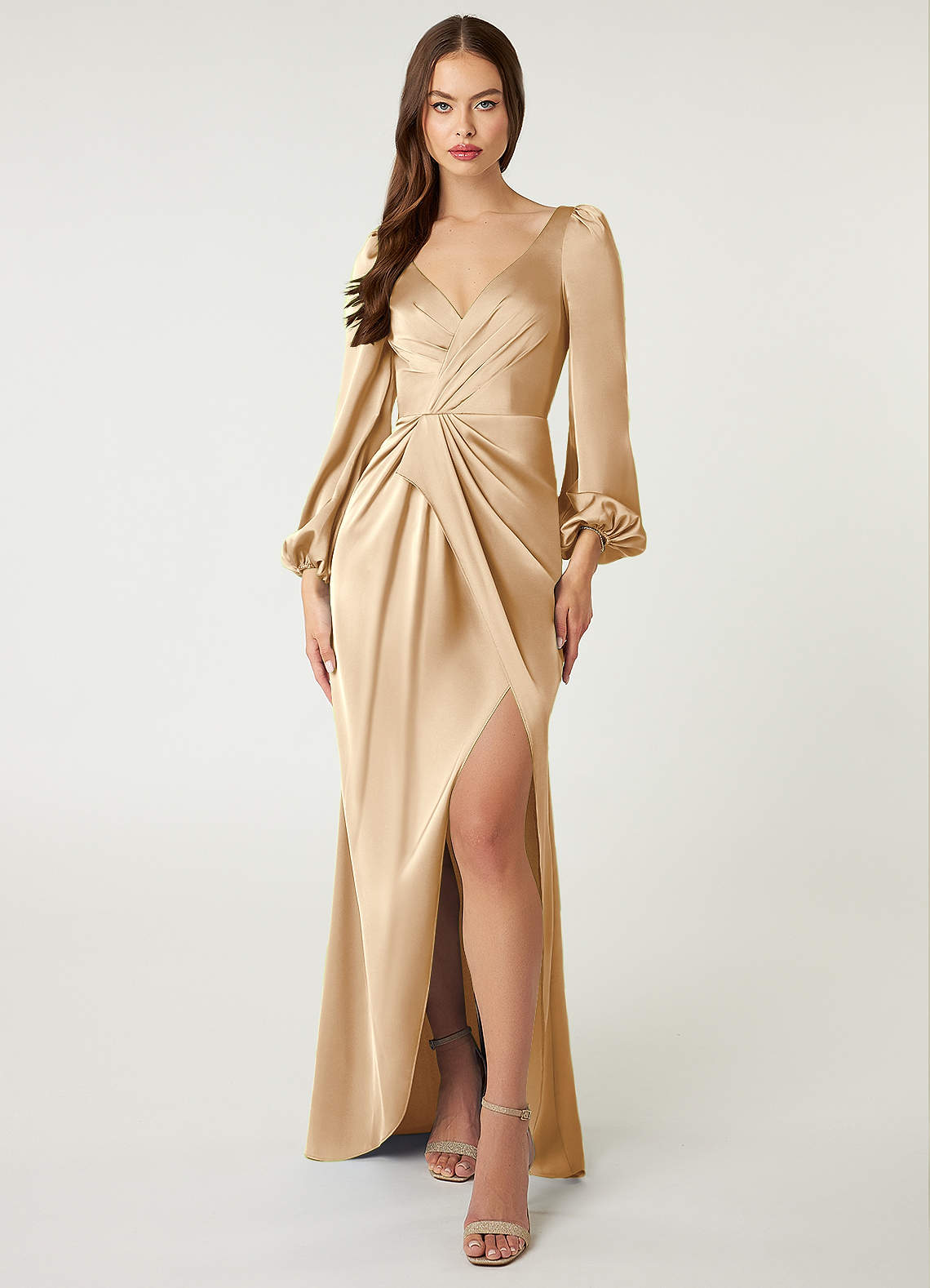 Azazie Mel Brautjungfernkleider Etui Langarm Stretch-Satin Kleid Champagner image1