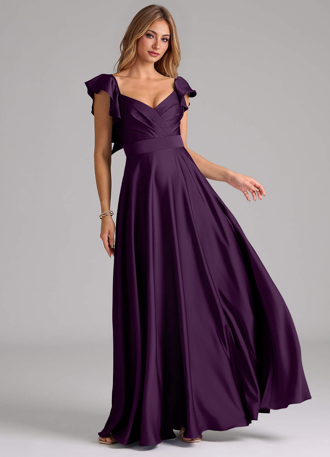 Azazie Leilani Bridesmaid Dresses Grape A-Line Ruched Stretch Satin Dress image1