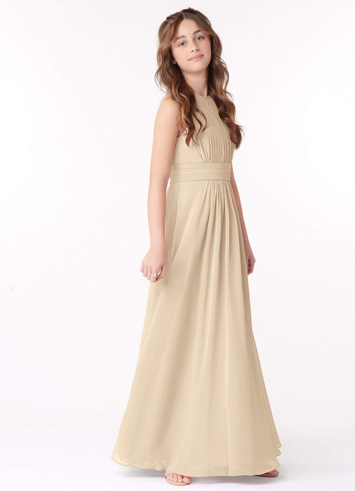 Azazie Bonnie Junior Champagne A-Line Pleated Chiffon Dress image1