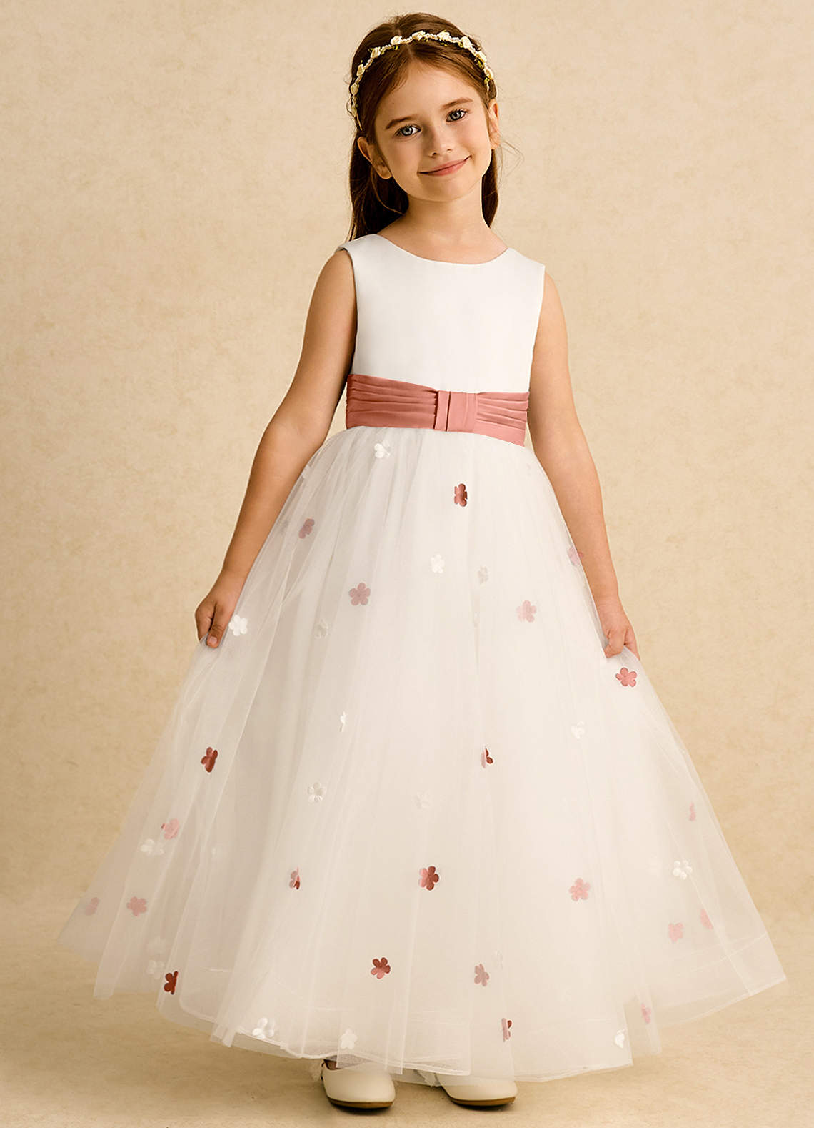 Azazie Cricket Abiti da Ragazza di Fiori Abito Principessa in Raso Opaco Plissettato Avorio Mai Tai image1