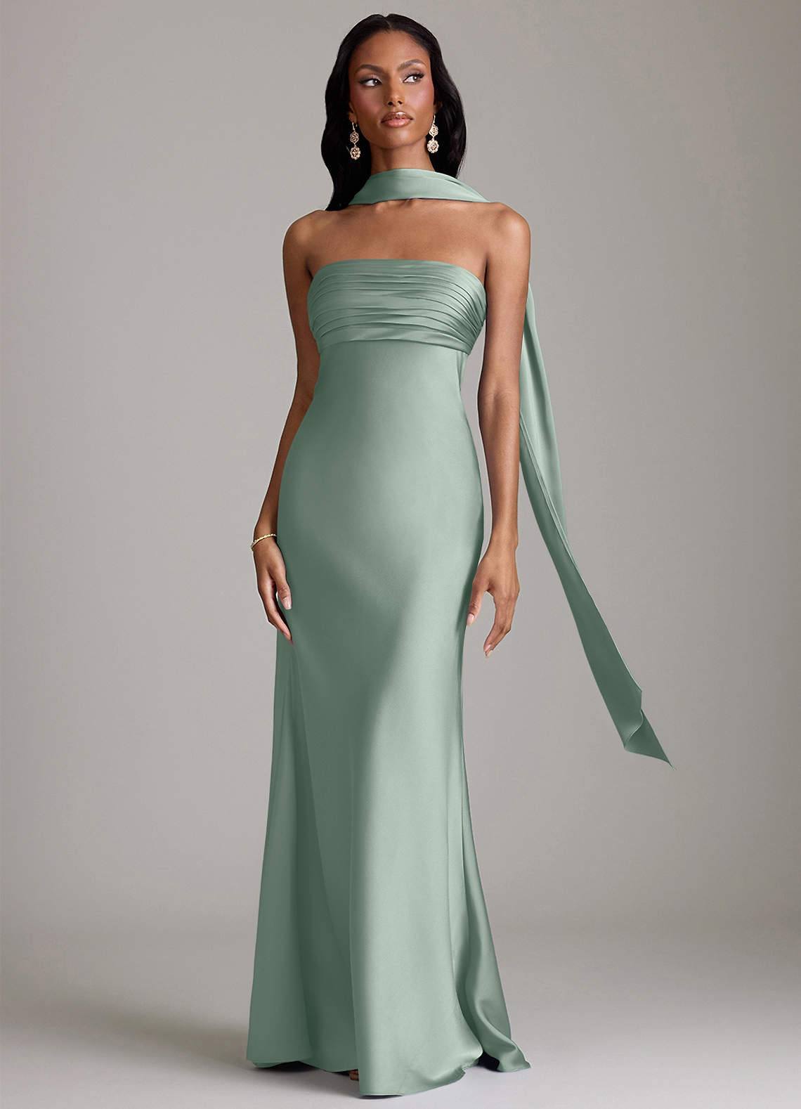 Azazie Saylor At-home Try On Dresses Agave Mermaid Strapless Stretch Satin Dress image8