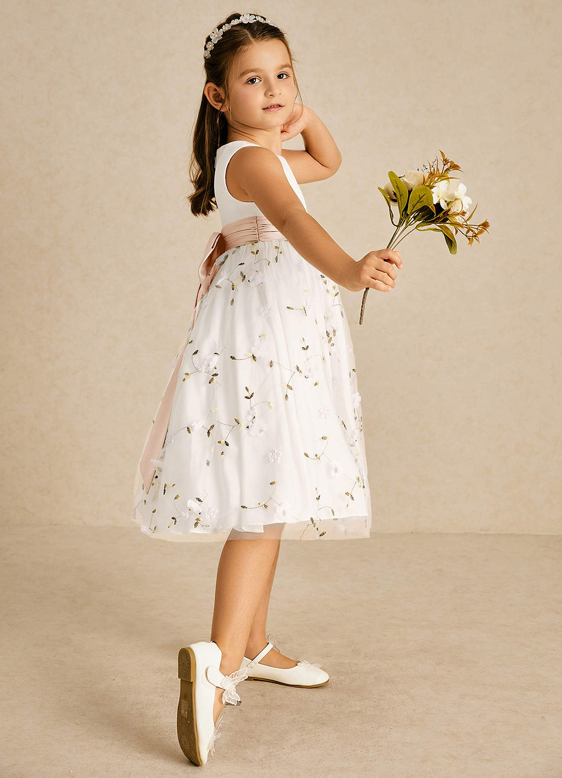 Azazie Pollie Flower Girl Dresses Ivory English Rose A-Line Bow Tulle Dress image2