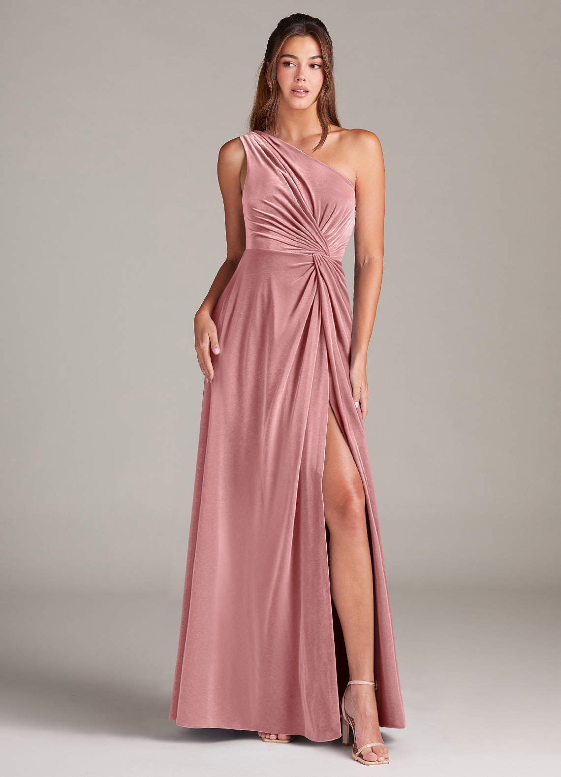 Azazie Brooke Bridesmaid Dresses Dusty Rose A-Line One Shoulder Velvet Dress image1