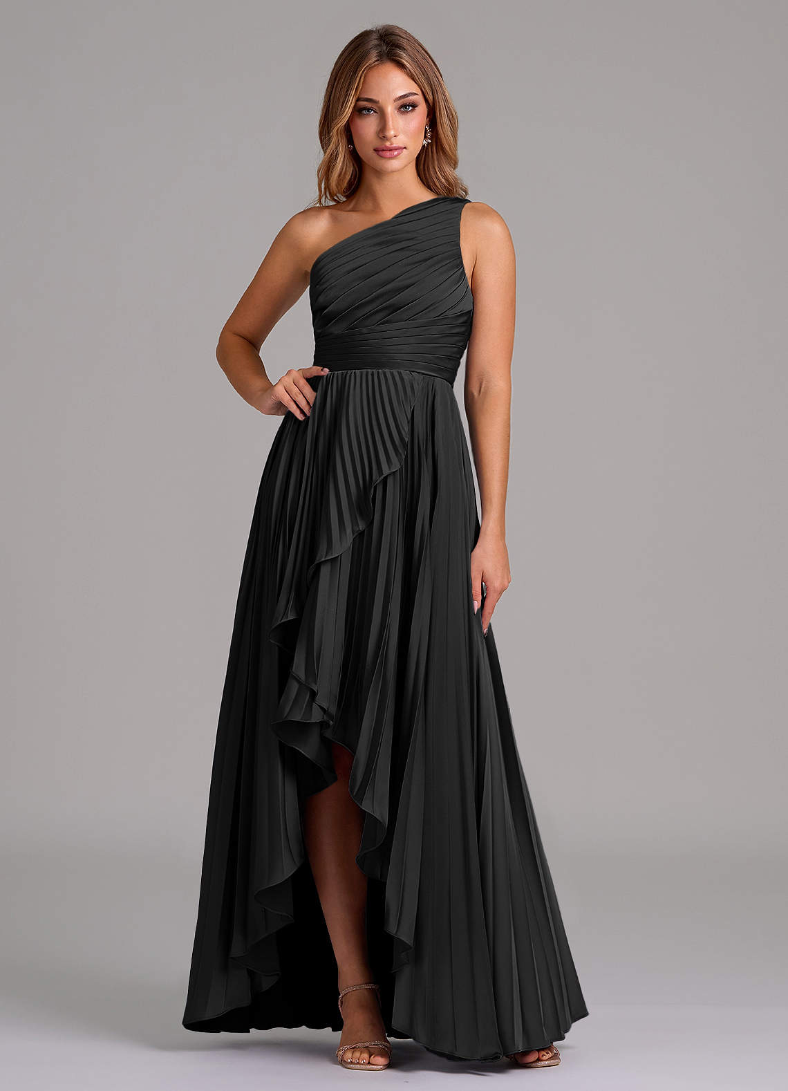 Azazie Lyrica Bridesmaid Dresses Black A-Line One Shoulder Stretch Satin Dress image1