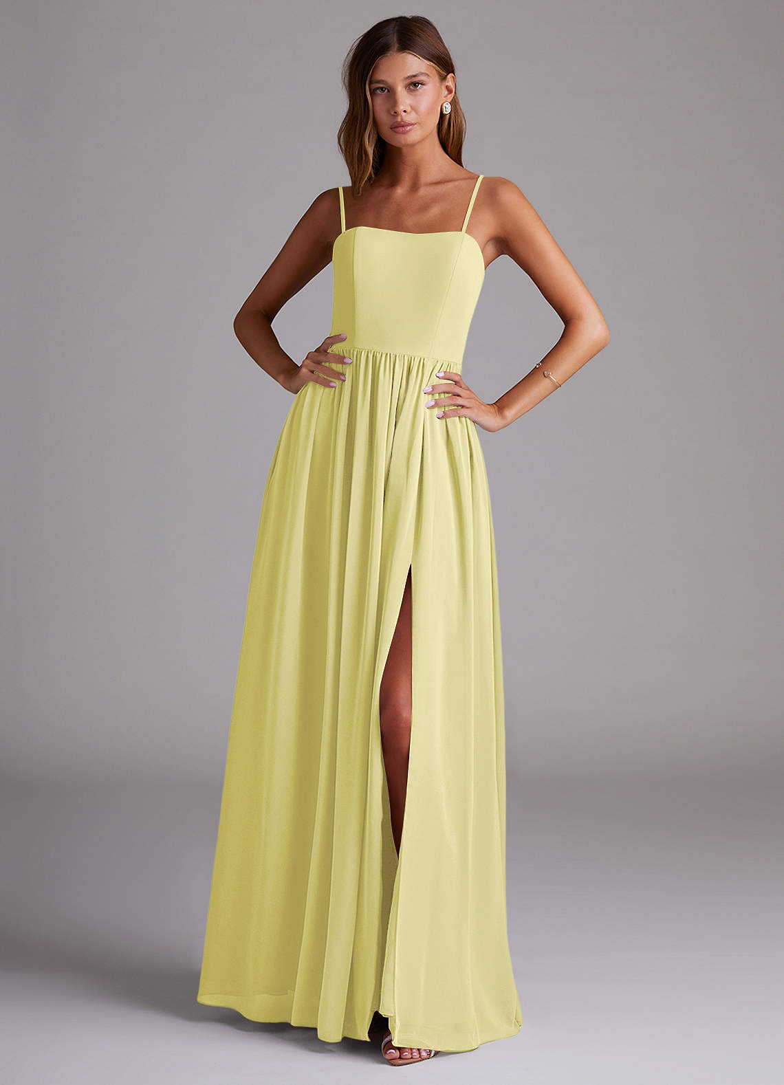 Azazie Calianna Jurken voor bruidsmeisjes Converteerbaar Jurk van Chiffon met A-Lijn Off the Shoulder Citroensorbet image1