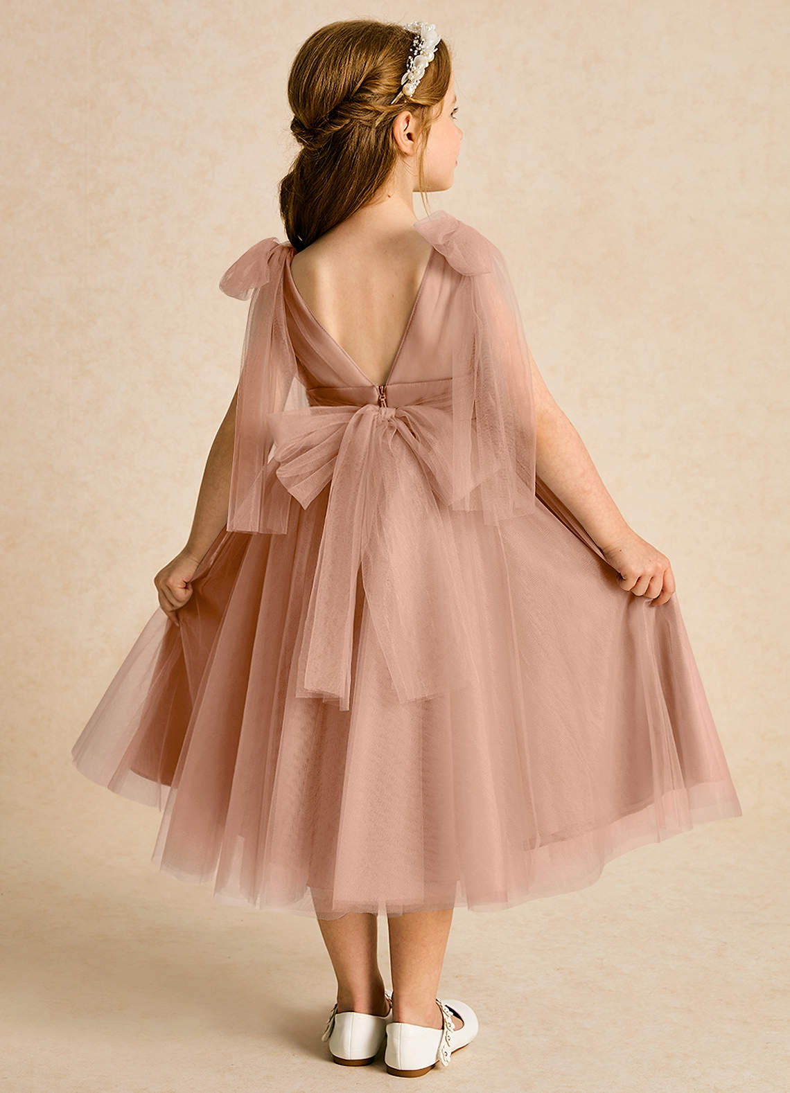 Azazie Dori Flower Girl Dresses Champagne Rose A-Line Ruched Tulle Dress image1