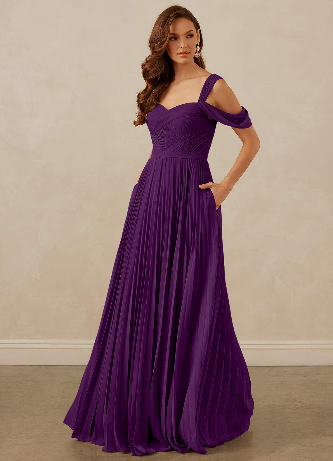 Christian Siriano Bridal for Azazie 1013 Bridesmaid Dresses Grape A-Line Off the Shoulder Chiffon Dress image1