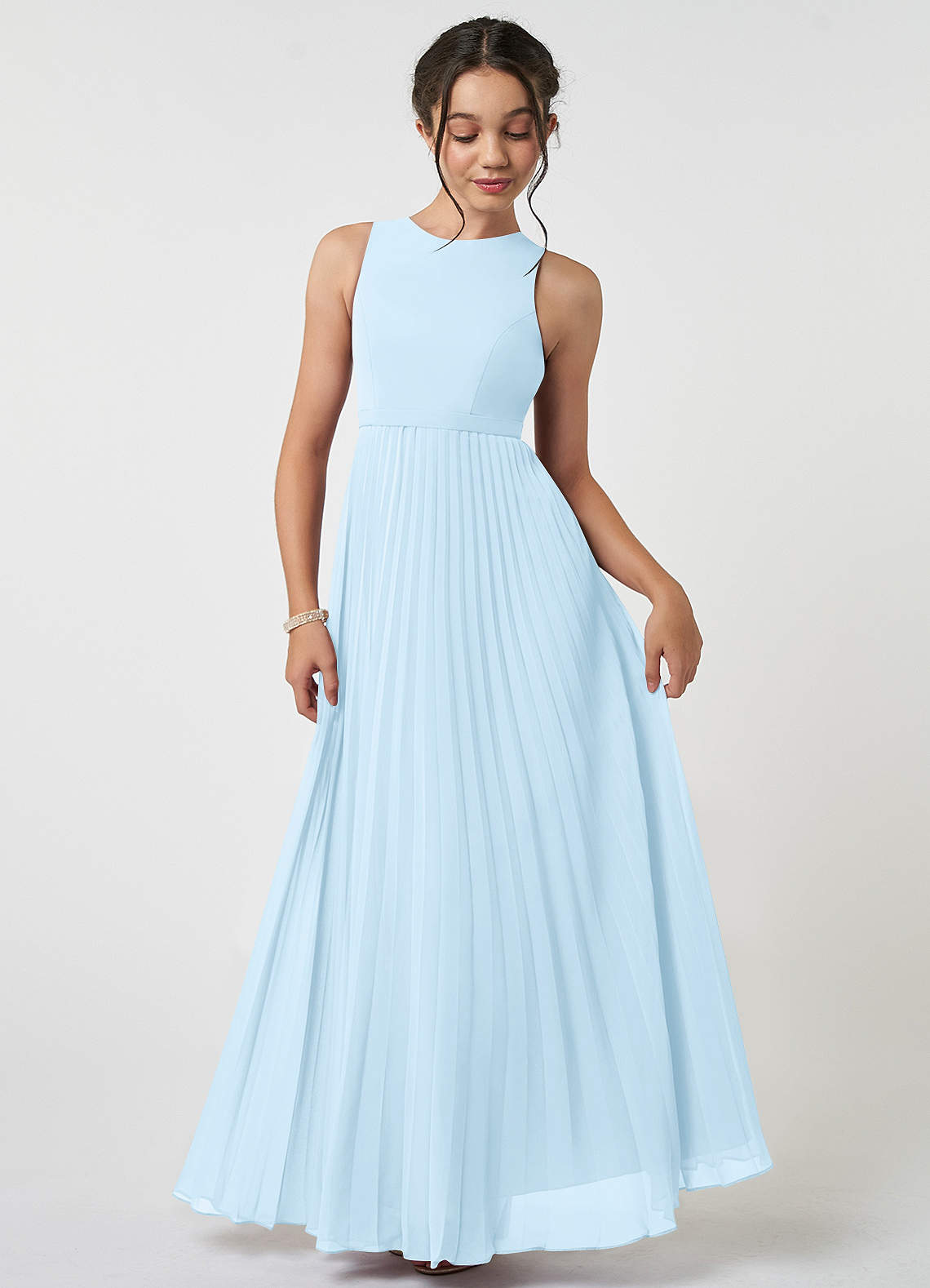 Azazie Lindie Junior Sky Blue A-Line Pleated Chiffon Dress image1