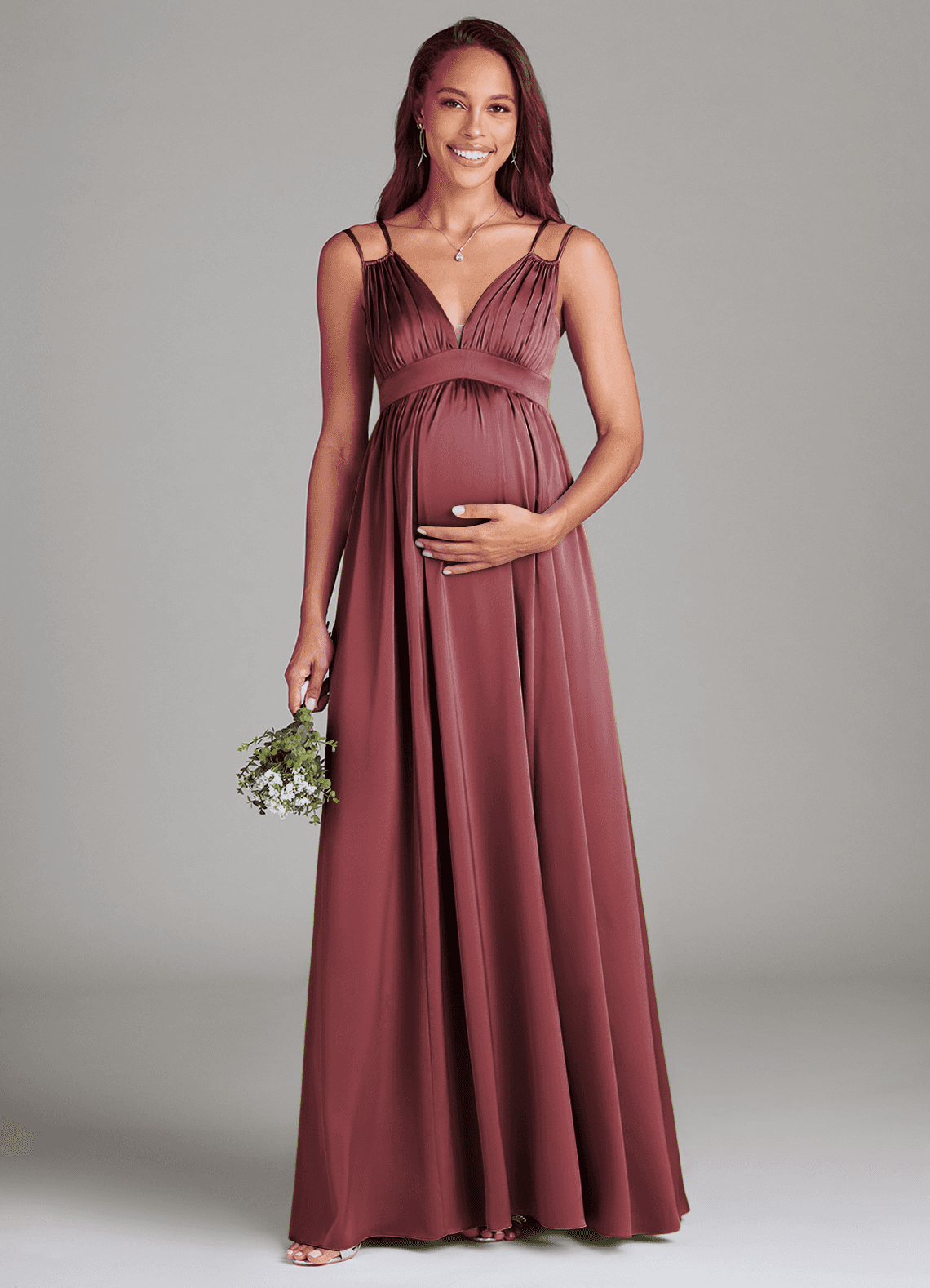 Azazie Emree Maternity Bridesmaid Dresses A-Line Stretch Satin Floor-Length Dress with Pockets image1