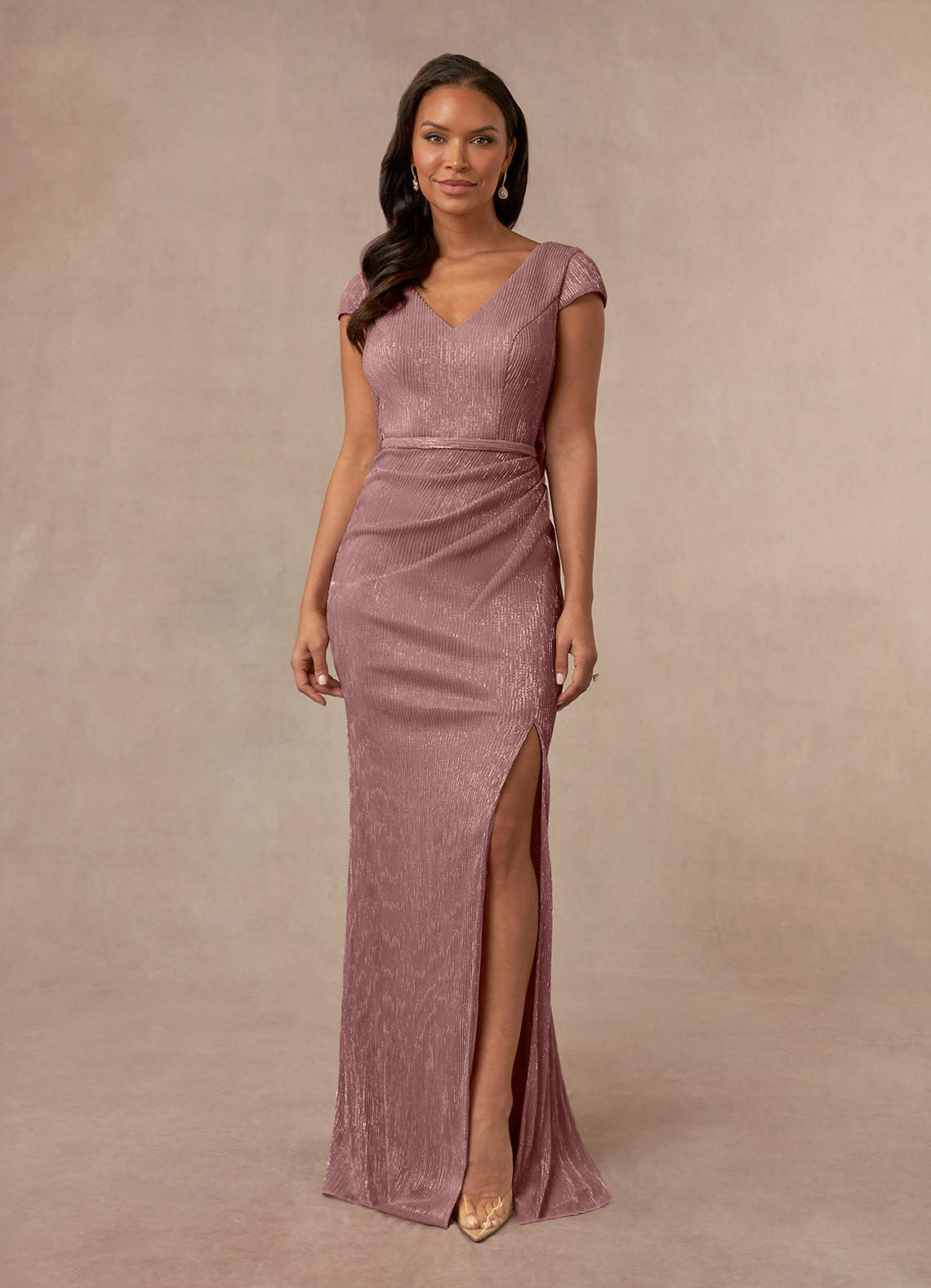 Azazie Galilea vestidos de madre de la novia Vestido de Rosa Polvorienta de Malla Metálica de Sirena con Cuello en V image1