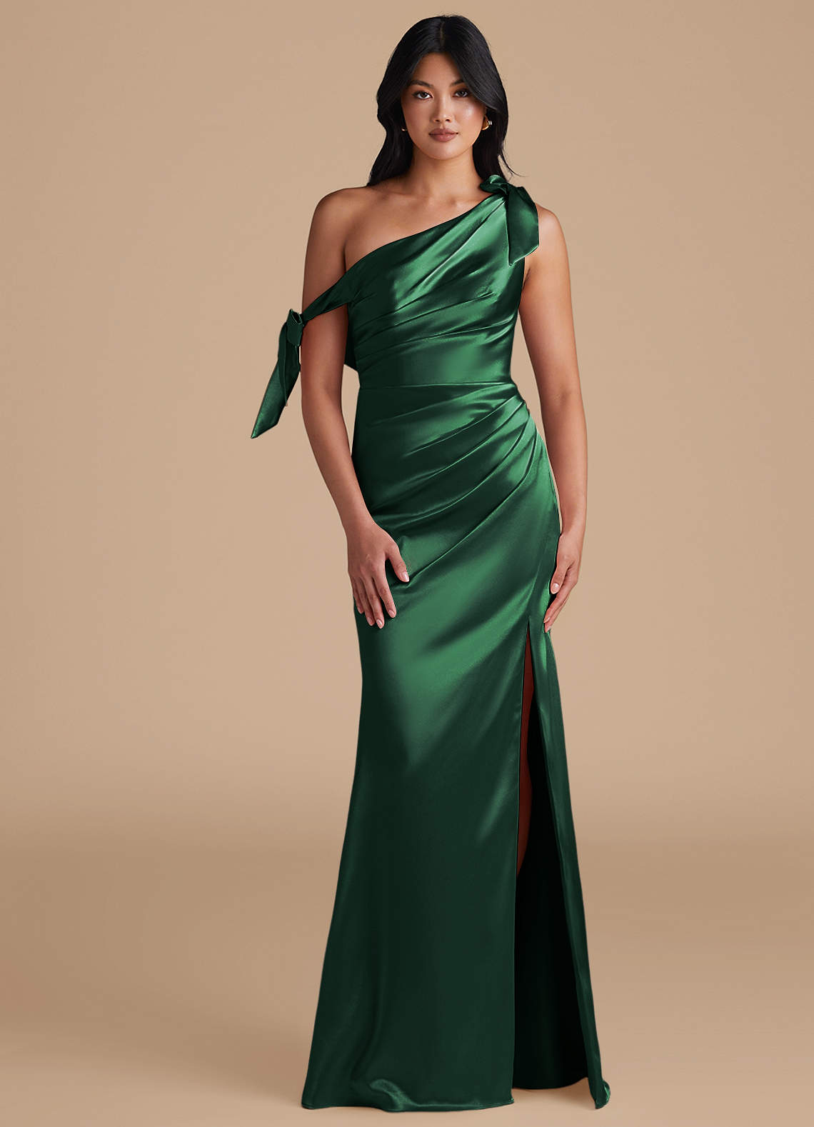 Azazie Xyla Bridesmaid Dresses Dark Green Sheath Off the Shoulder Metallic Satin Convertible Dress image1