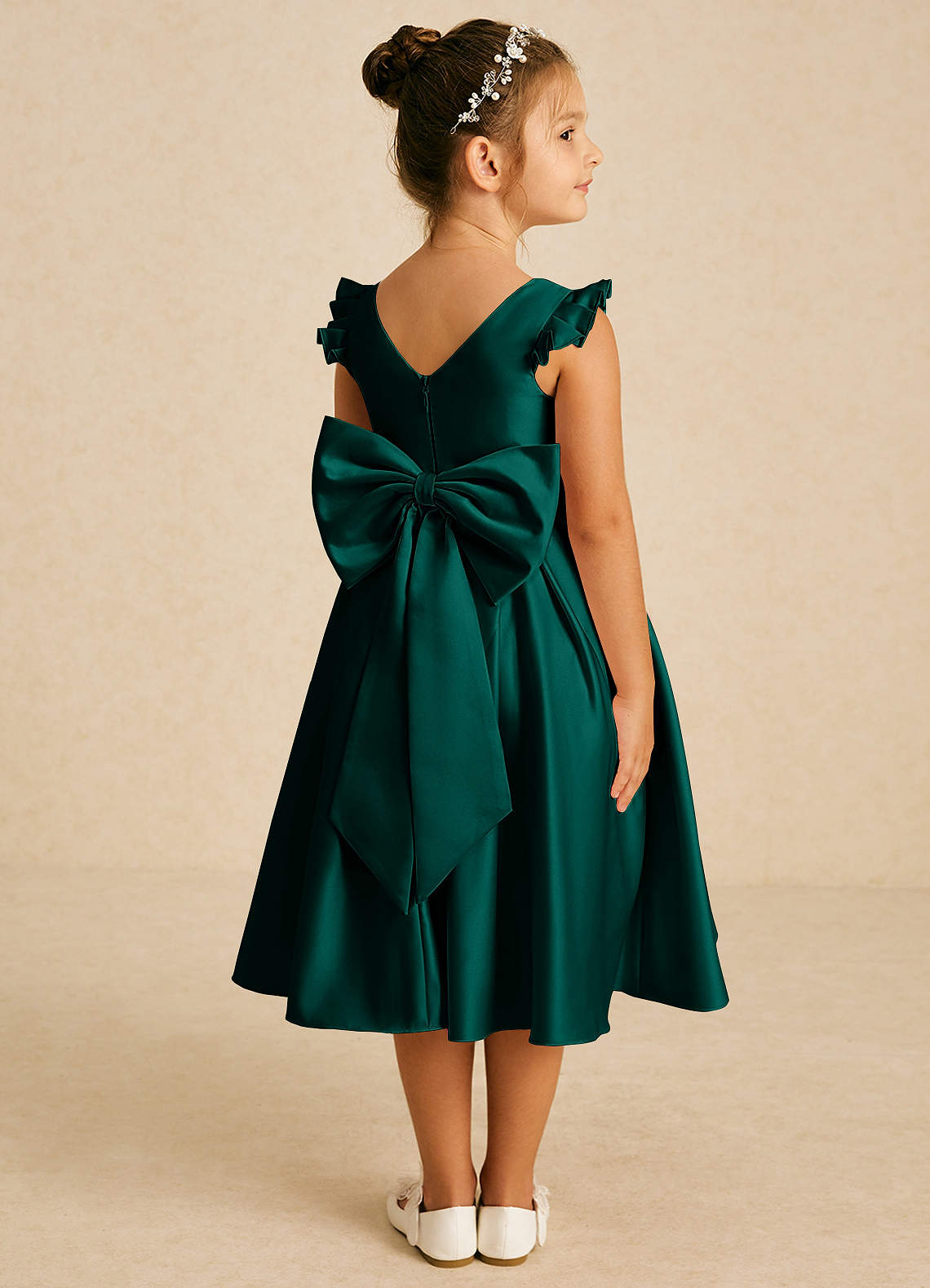 Azazie Francine Flower Girl Dresses Pine A-Line Bow Matte Satin Dress image1