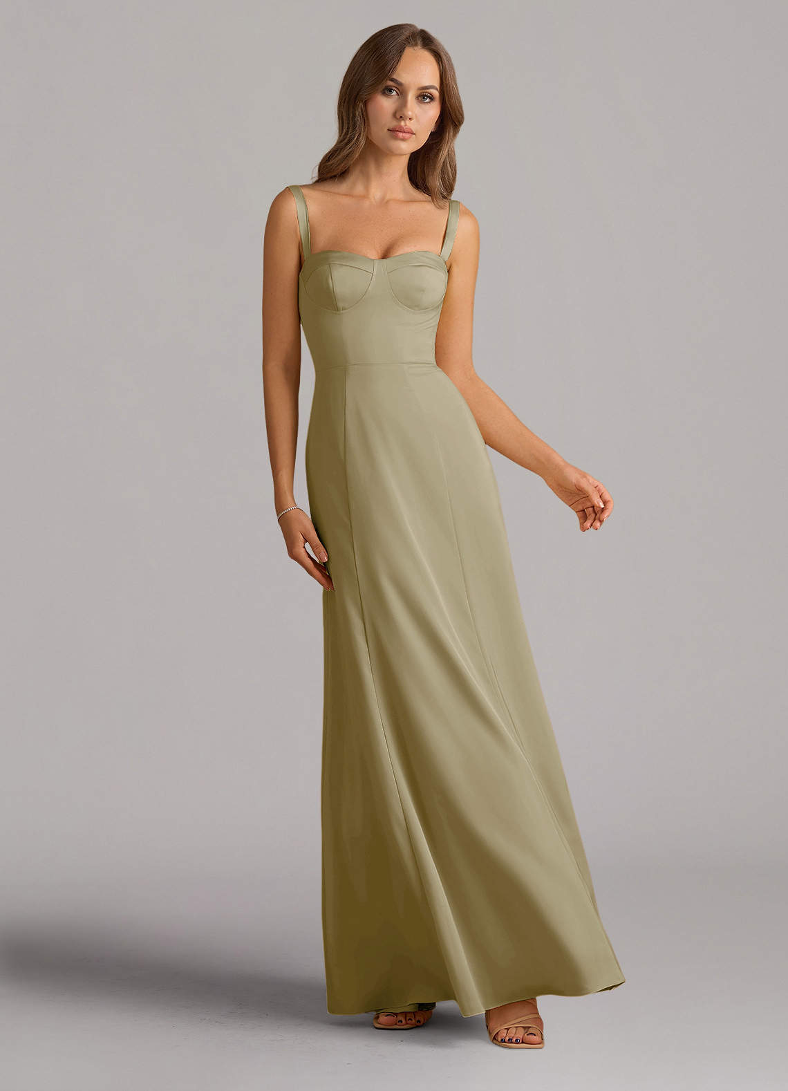 Azazie Amaris Robes de demoiselle d'honneur Robe Trapèze en Satin extensible Corset Vert Mousse image1