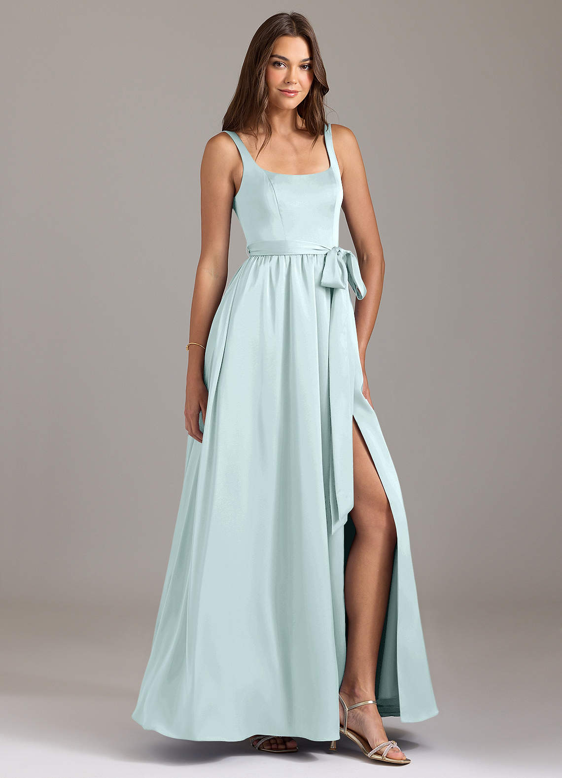 Azazie Elliott Vestidos de damas de honor Vestido de Vidrio Marino de Satén Elástico de Corte en A con Con bolsillos image1