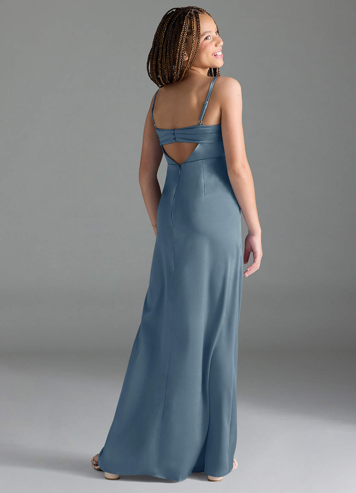 Azazie Leonis Junior Dusty Blue A-Line Pleated Stretch Satin Dress image4