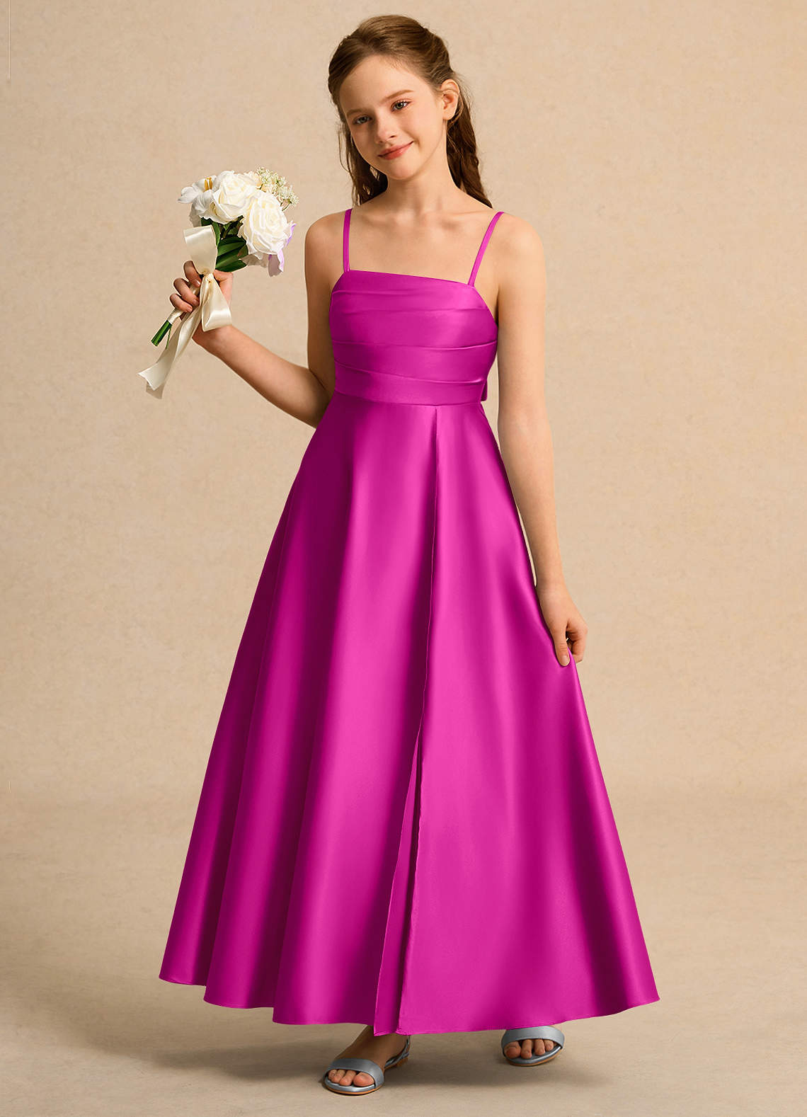 Azazie Pebbles Girls Formal Fuchsia A-Line Pleated Matte Satin Dress |  Azazie