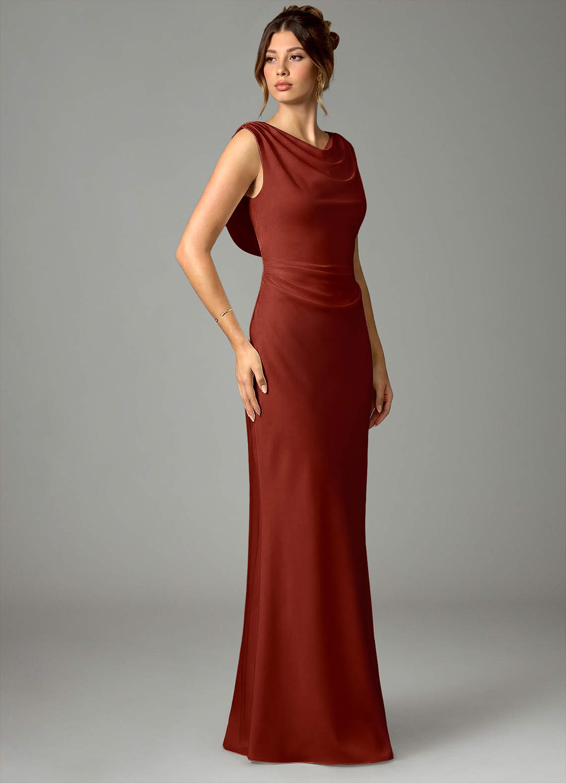 Azazie Kieryn Robes de demoiselle d'honneur Robe Sirène en Satin extensible Plissée Terracotta image2