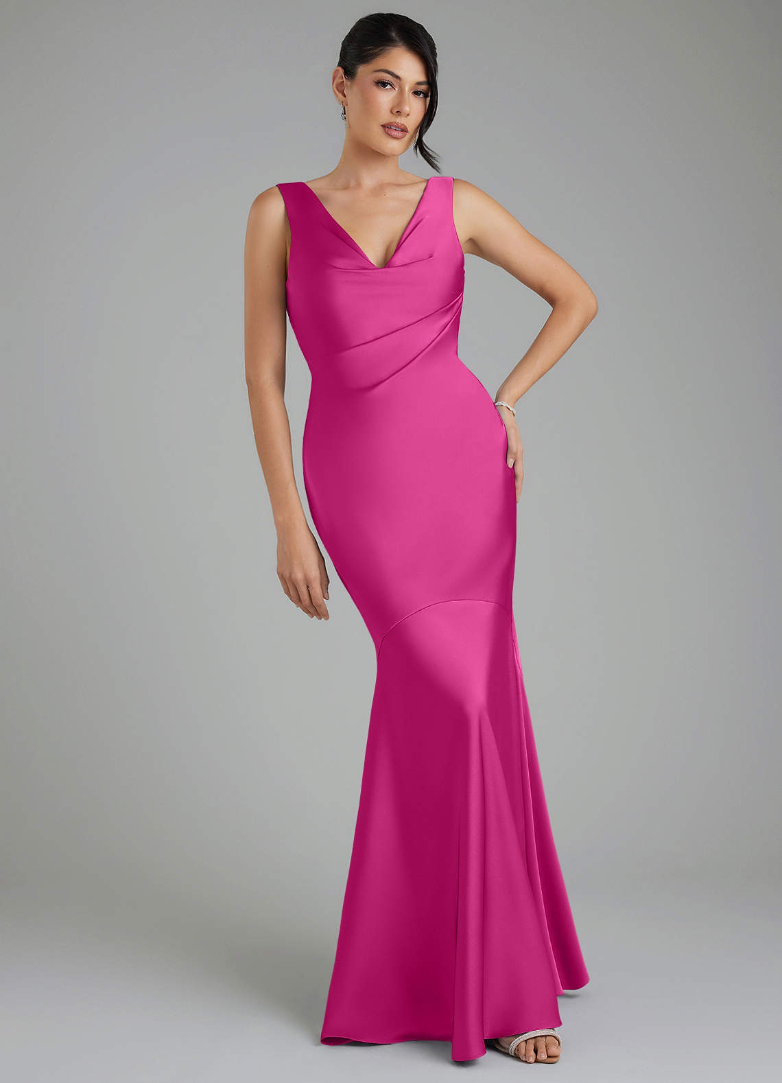 fuchsia mermaid bridesmaid dresses Azazie Mermaid V-Neck Floor-Length Stretch Satin Bridesmaid Dresses Fuchsia Hot Pink