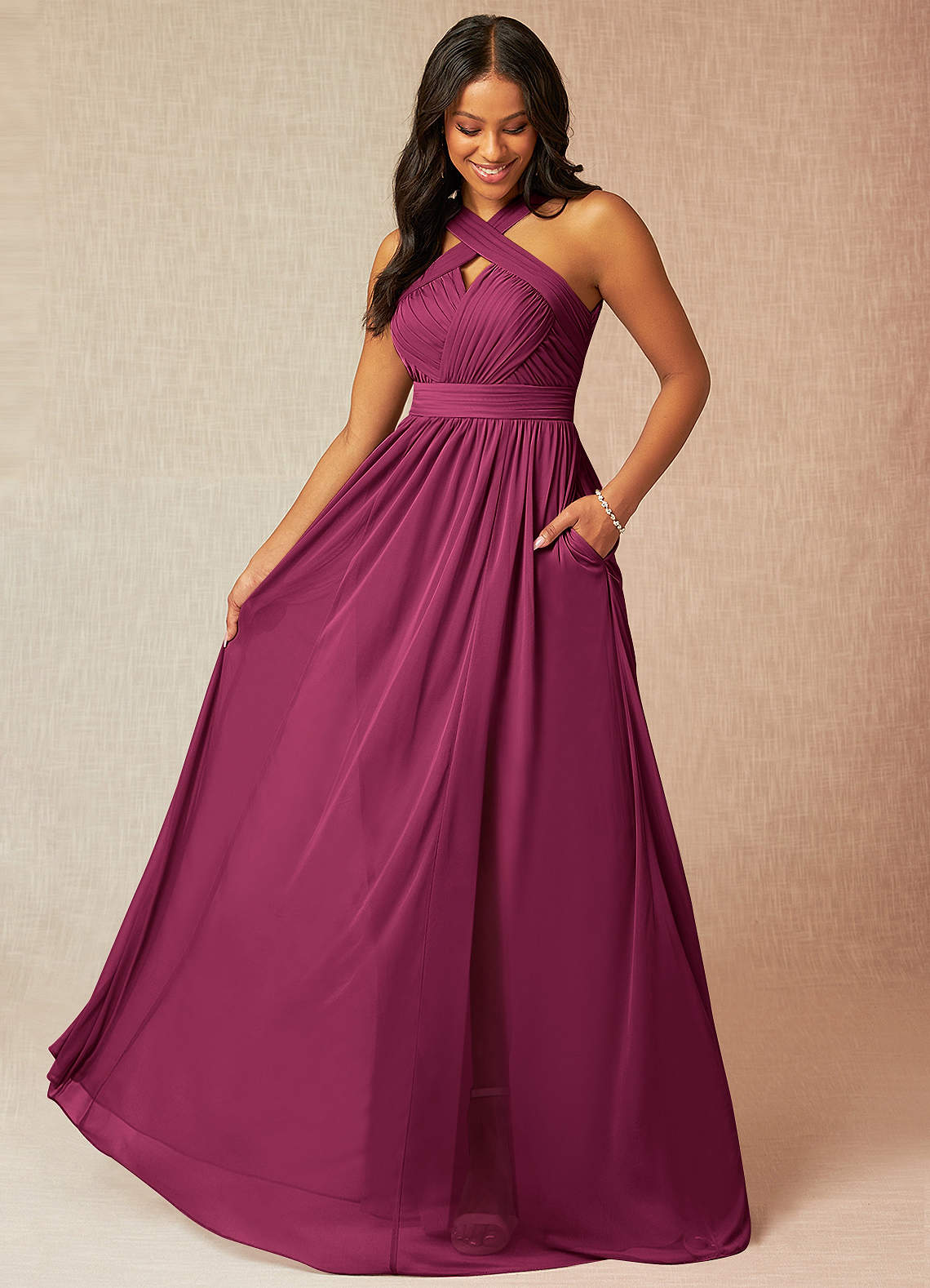 Azazie Hillian Bridesmaid Dresses Mulberry A-Line Halter Pleated Mesh Dress image1