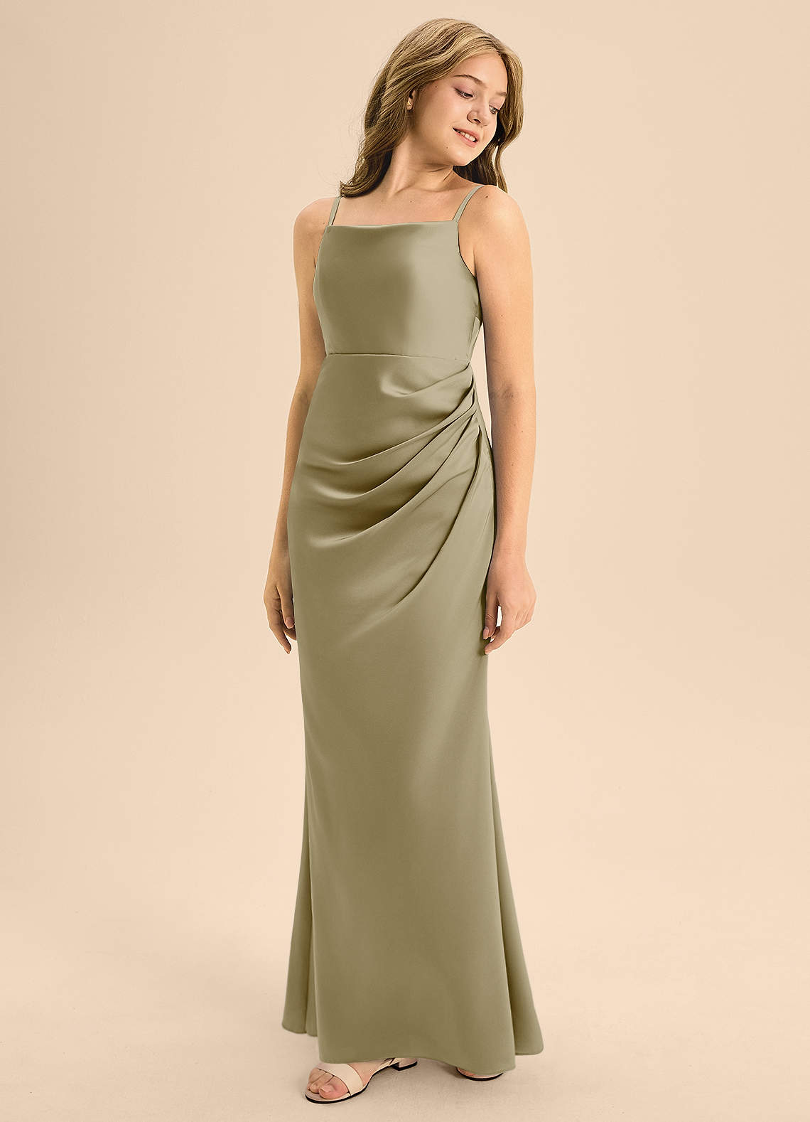 Azazie Renna Junior A-Linie Plissee Stretch-Satin Kleid Moosgrün image1