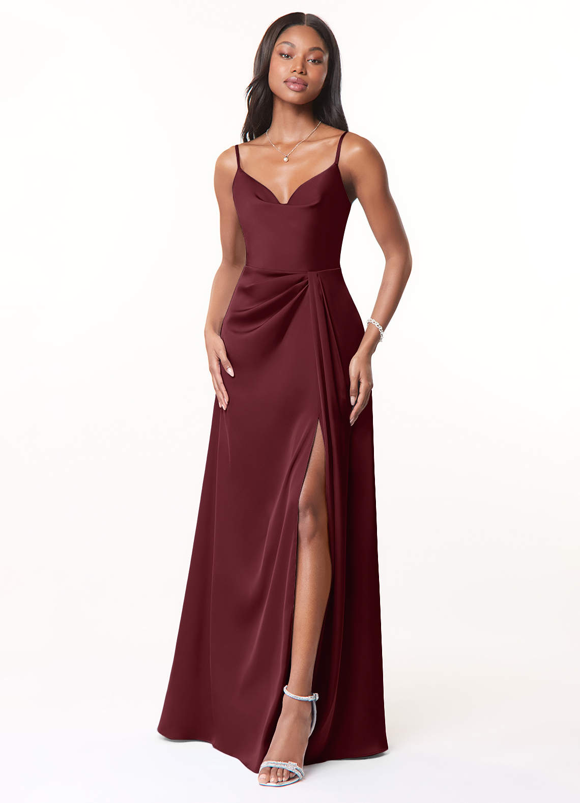 Azazie Brielle Bridesmaid Dresses Cabernet A-Line Cowl Spaghetti Straps Stretch Satin Dress image1