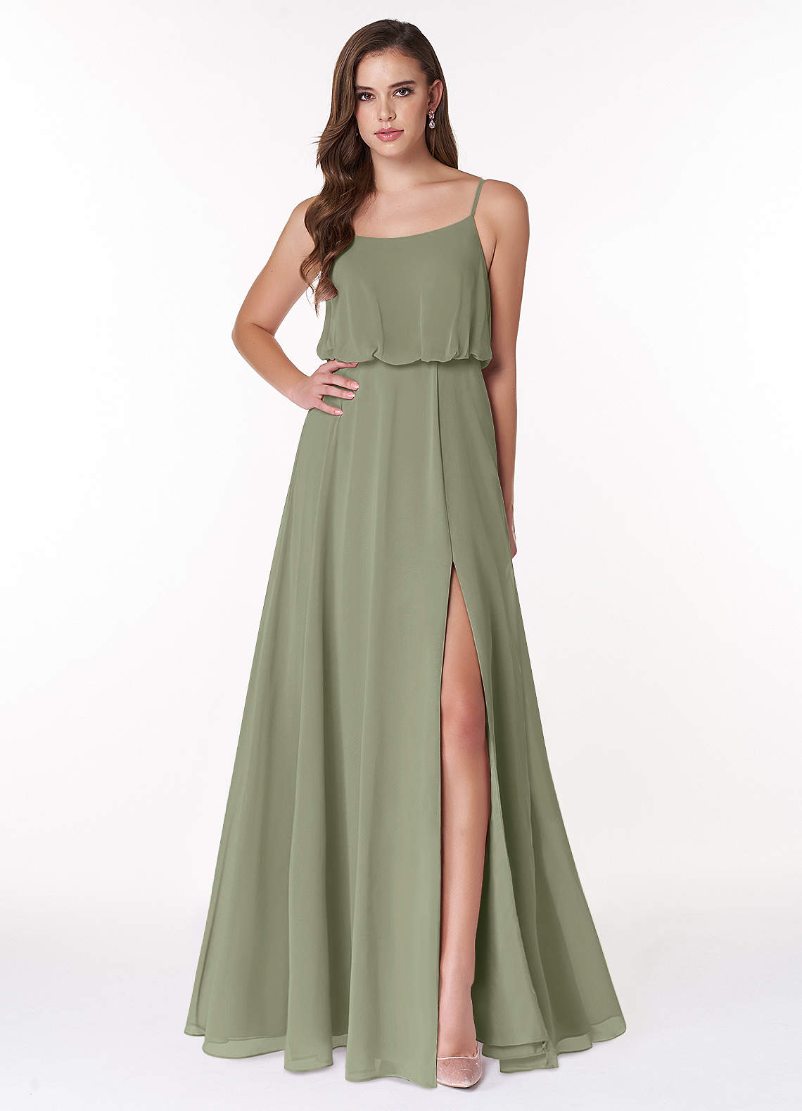 Azazie Lupe Bridesmaid Dresses Pistachio A-Line Scoop Blouson Chiffon Dress image1