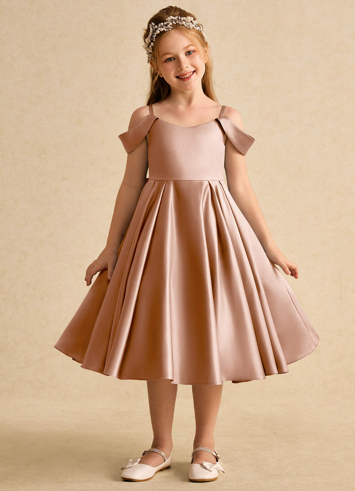 Azazie Favia Flower Girl Dresses Champagne Rose A-Line Off the Shoulder Matte Satin Dress image1