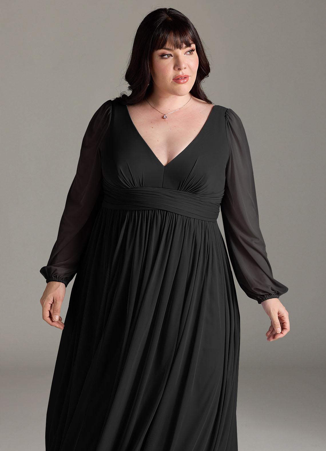 Azazie Norah At-home Try On Dresses Black A-Line V-Neck Long Sleeve Chiffon Dress image11